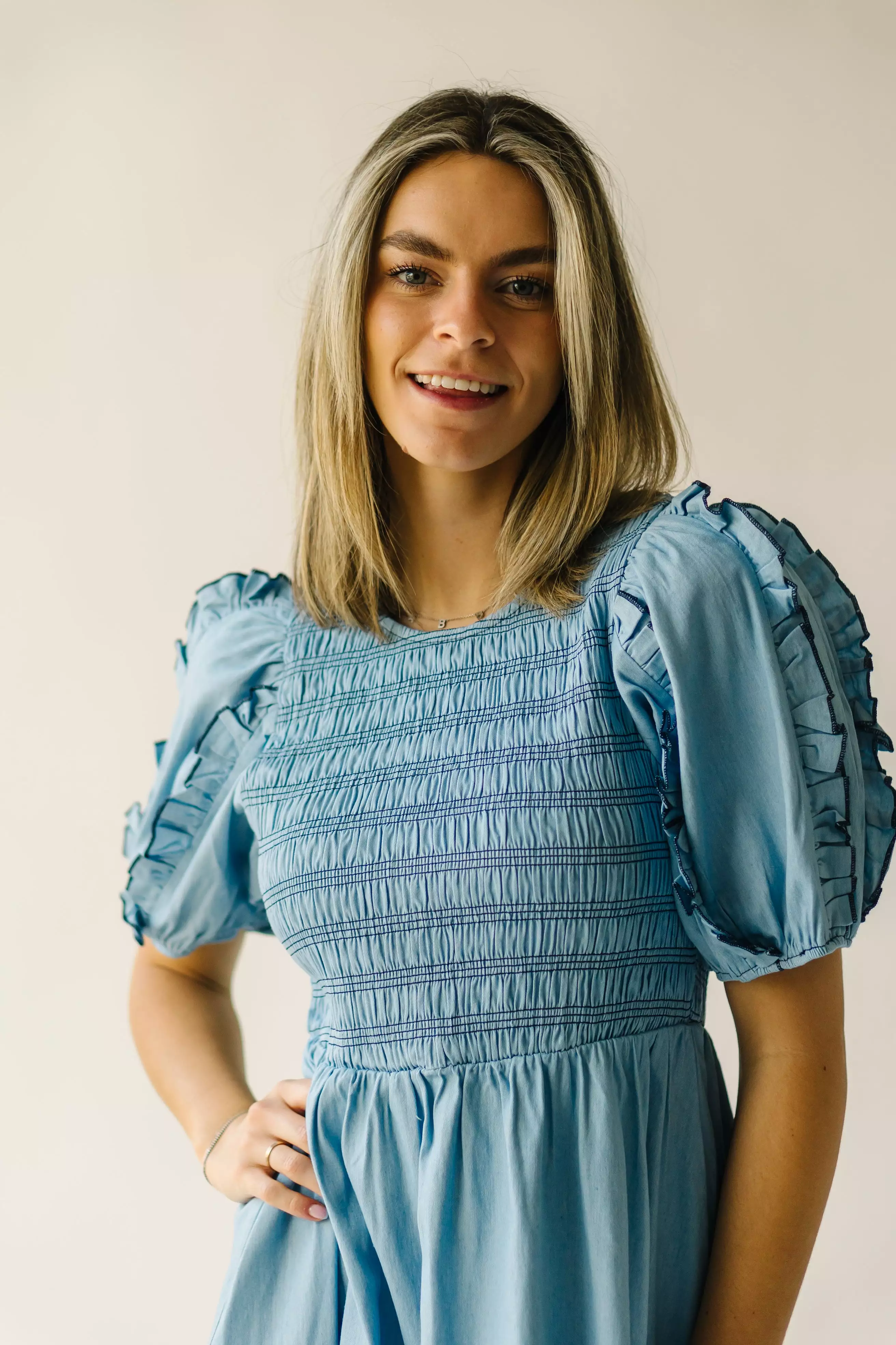 The Glenburn Smocked Detail Midi Dress in Light Denim