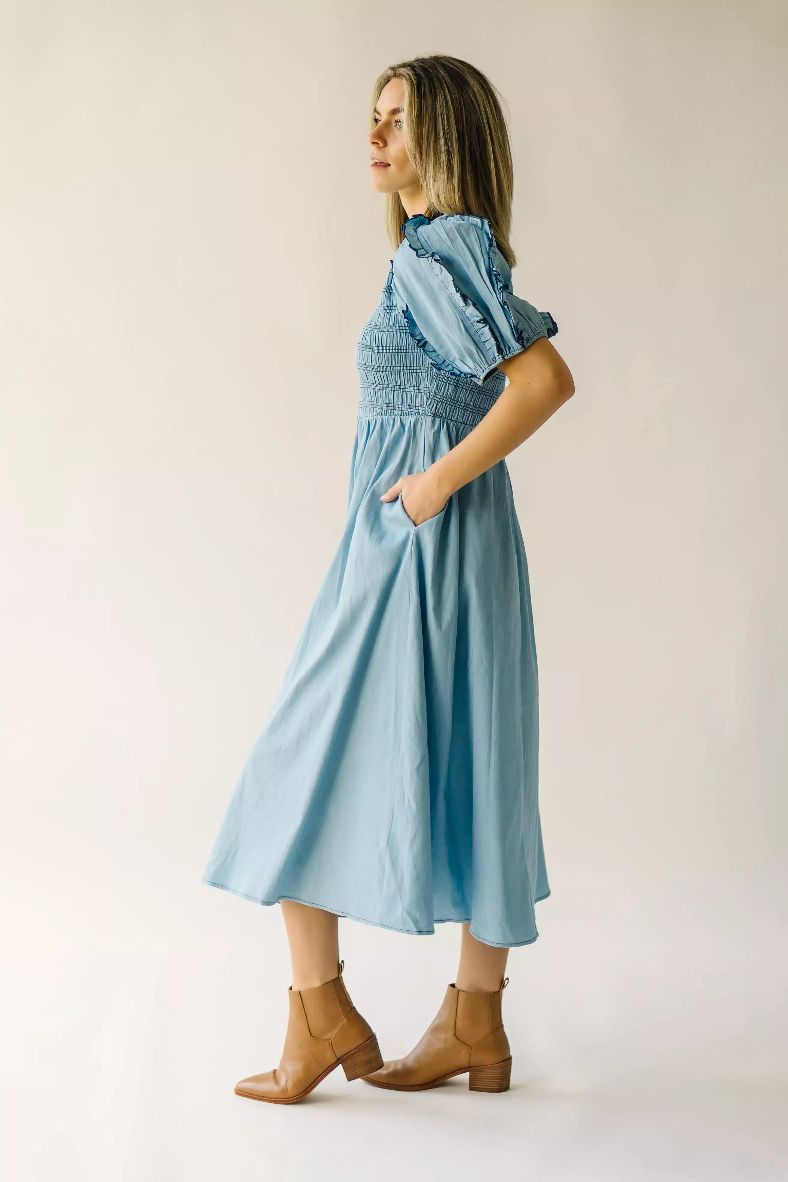 The Glenburn Smocked Detail Midi Dress in Light Denim