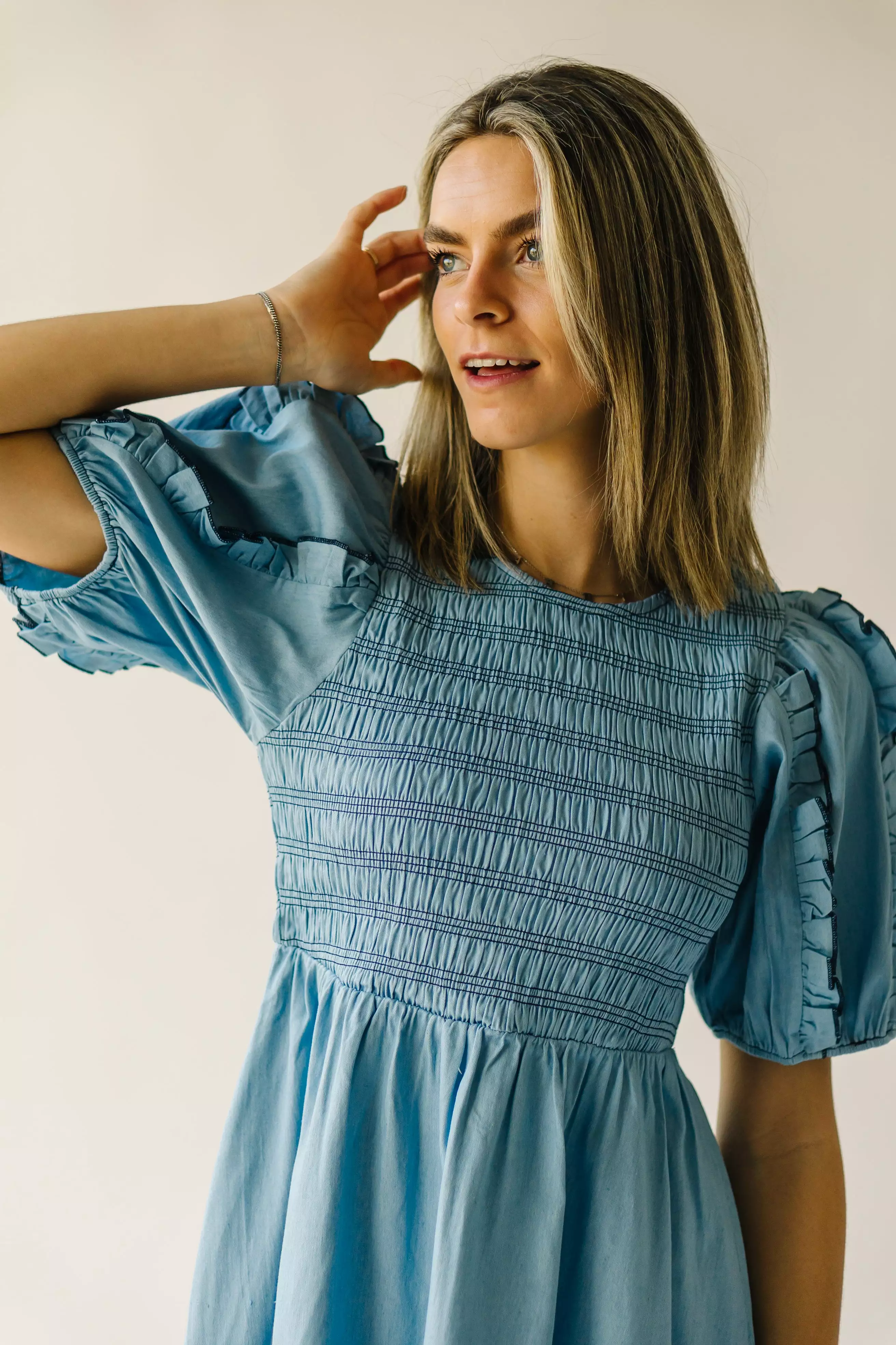 The Glenburn Smocked Detail Midi Dress in Light Denim