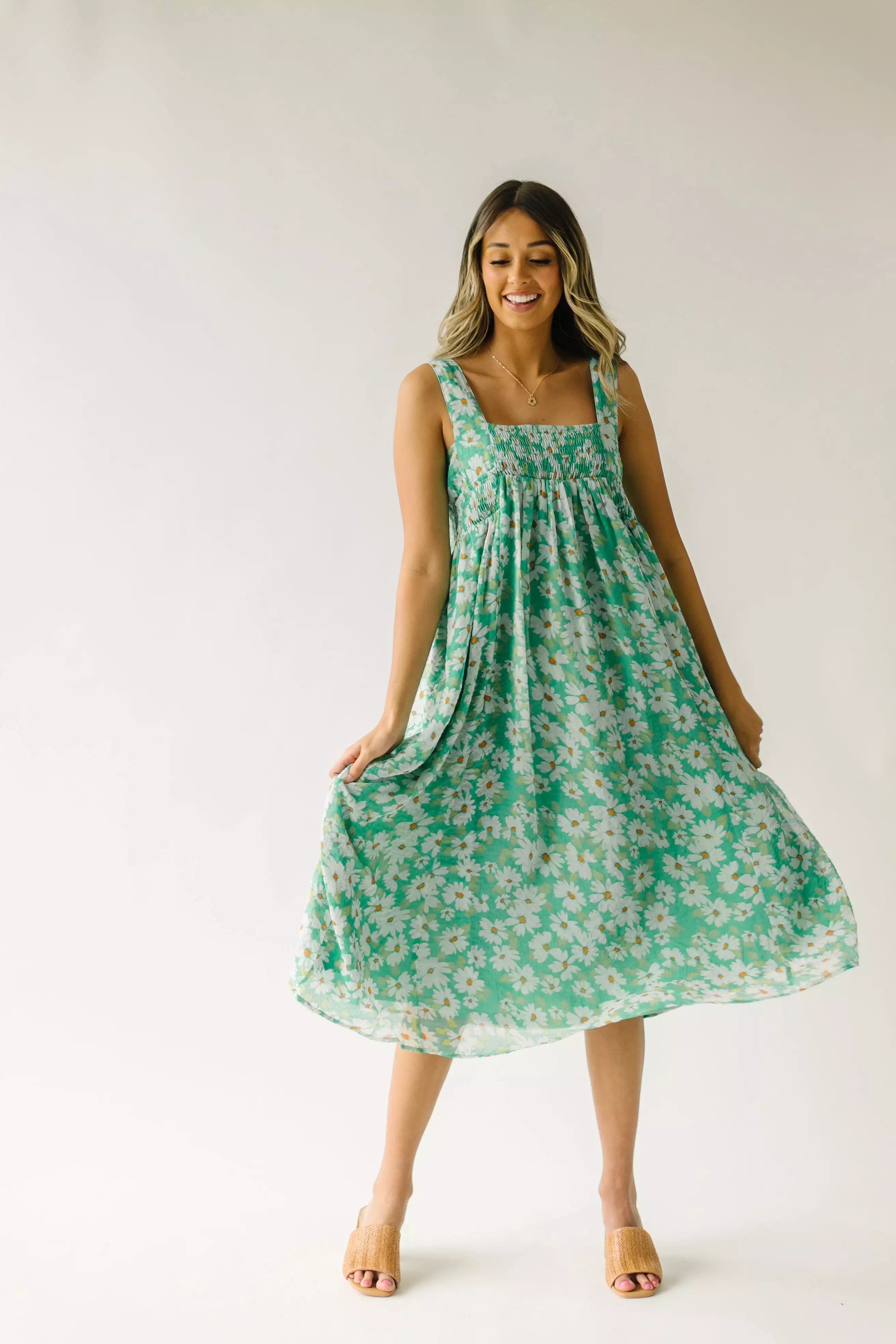 The Hattie Smocked Floral Midi Dress in Green