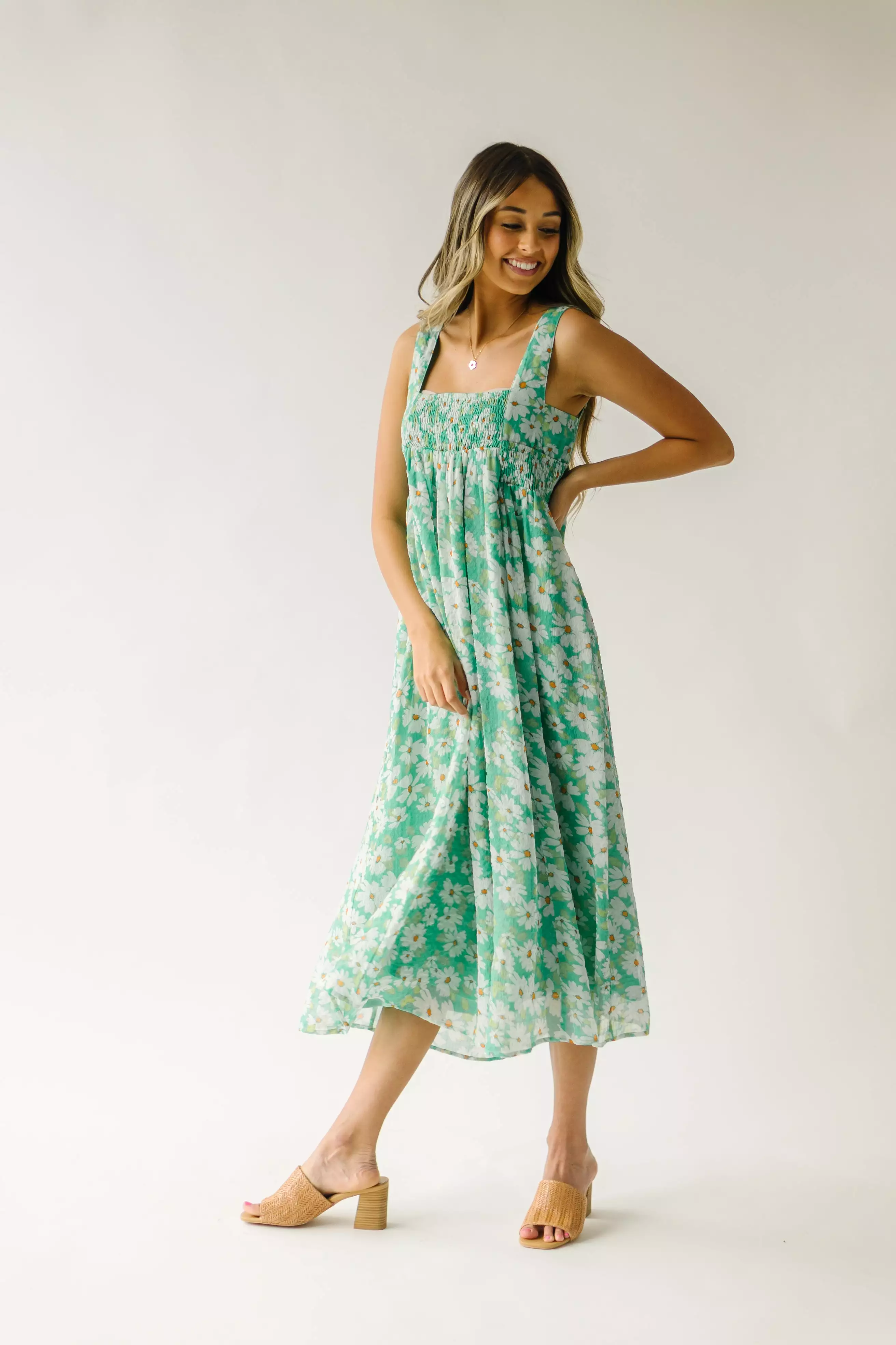 The Hattie Smocked Floral Midi Dress in Green