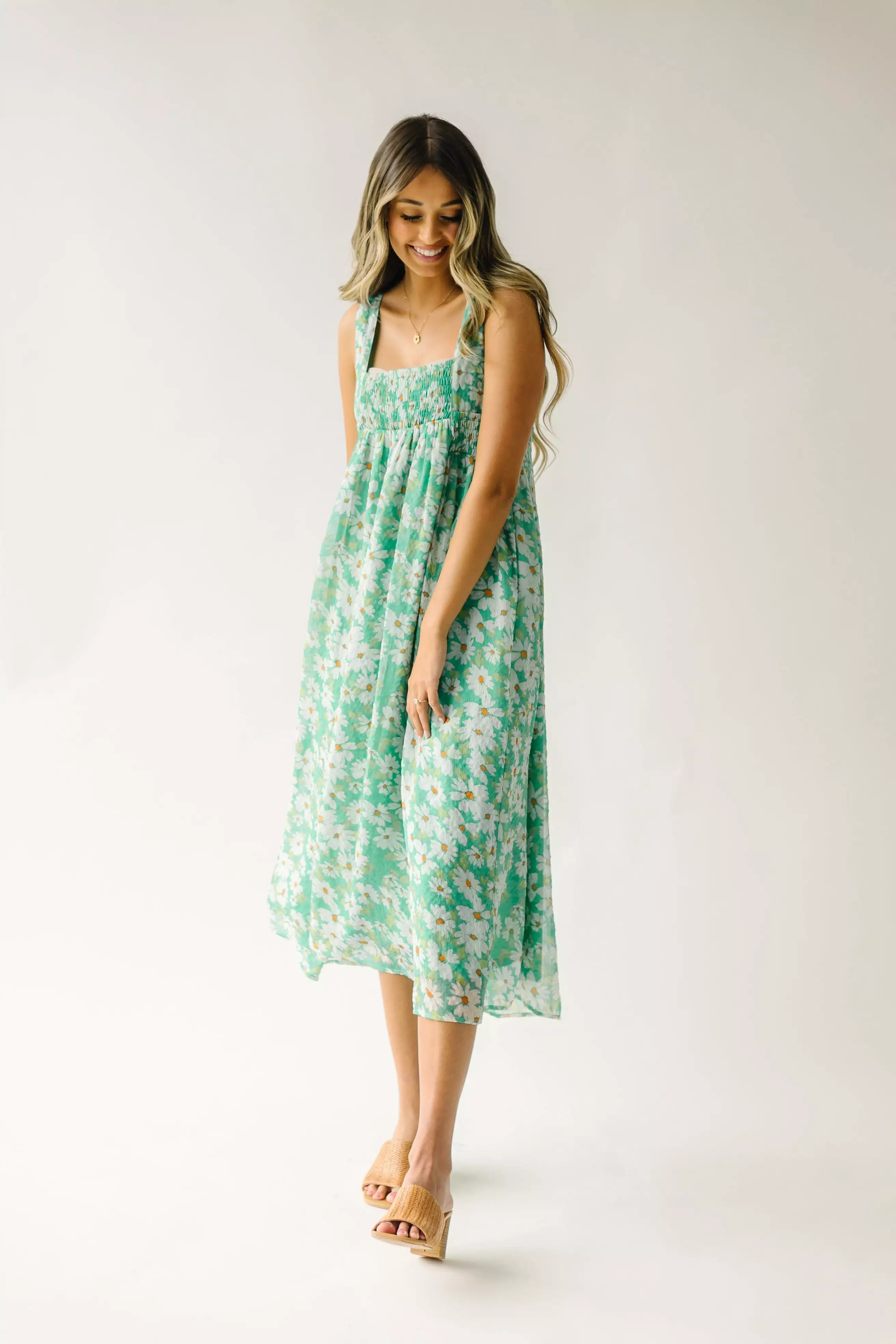 The Hattie Smocked Floral Midi Dress in Green