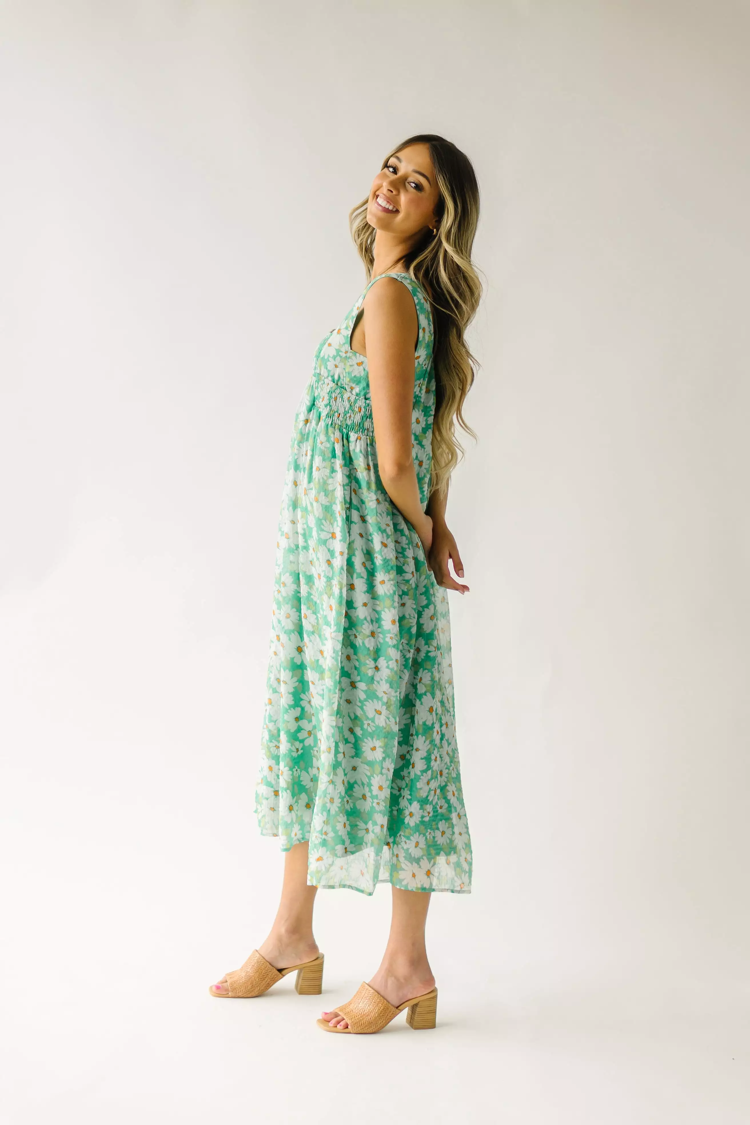 The Hattie Smocked Floral Midi Dress in Green