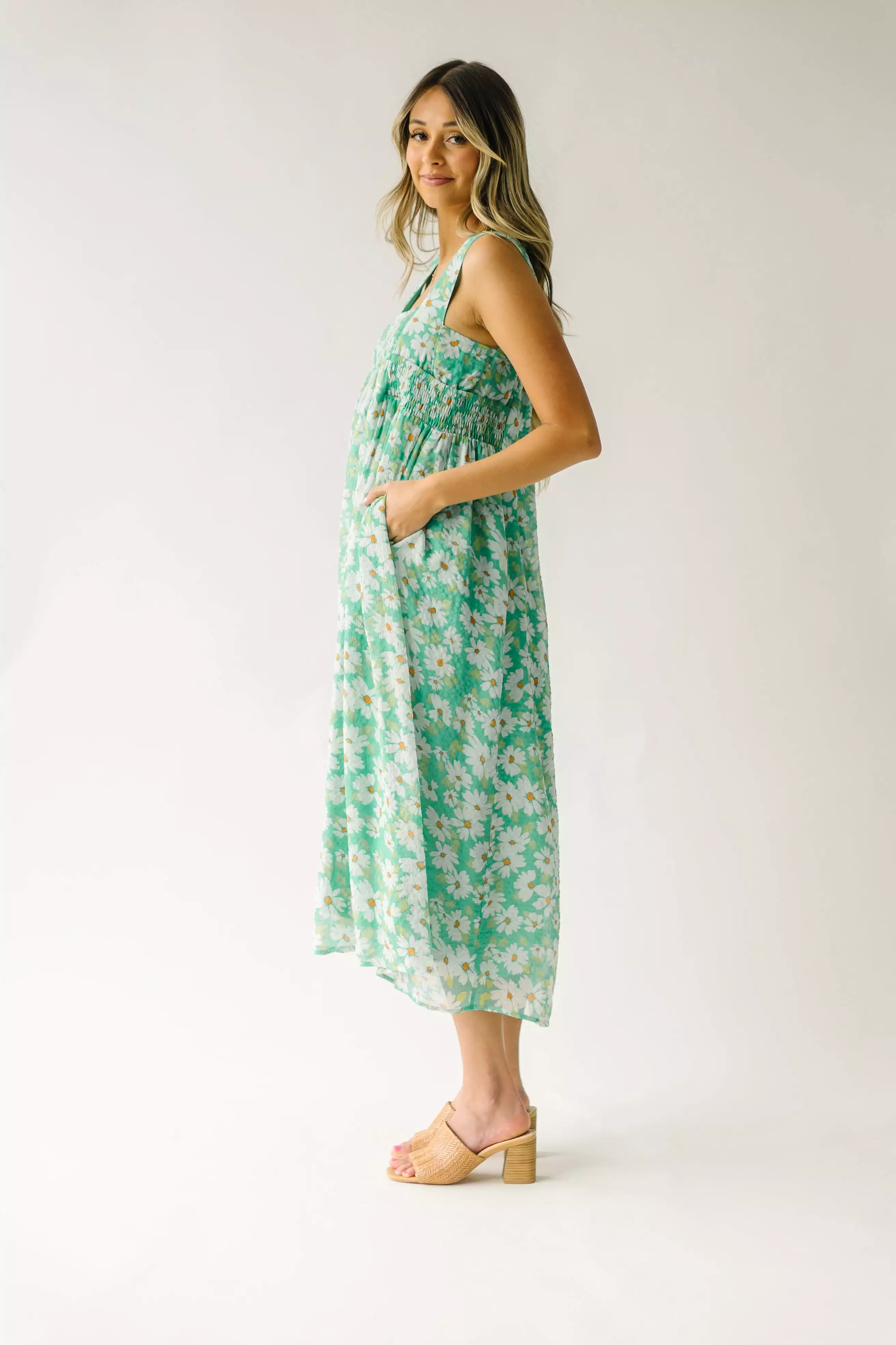 The Hattie Smocked Floral Midi Dress in Green