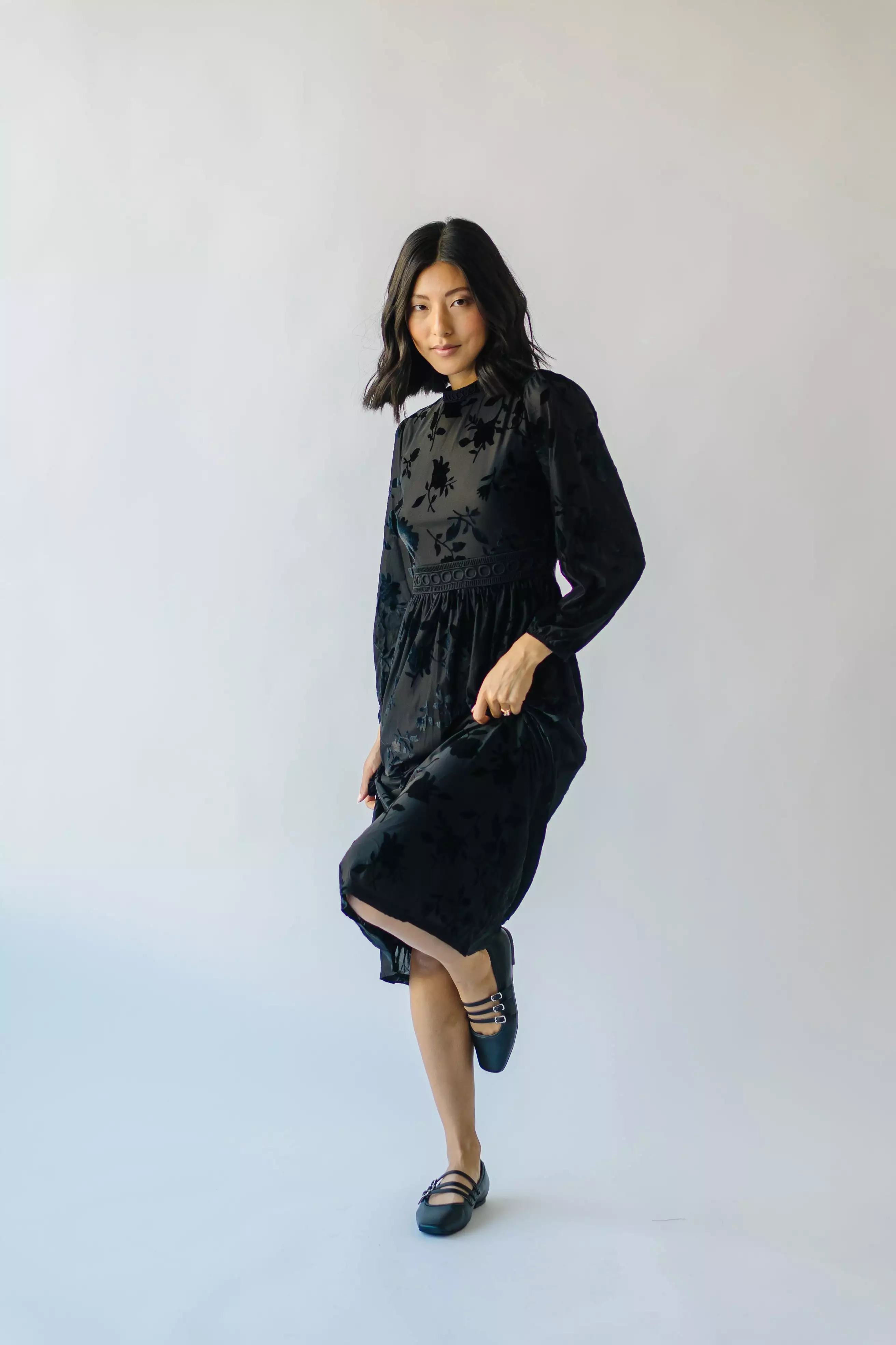 The Hurst Burnout Velvet Midi Dress in Black