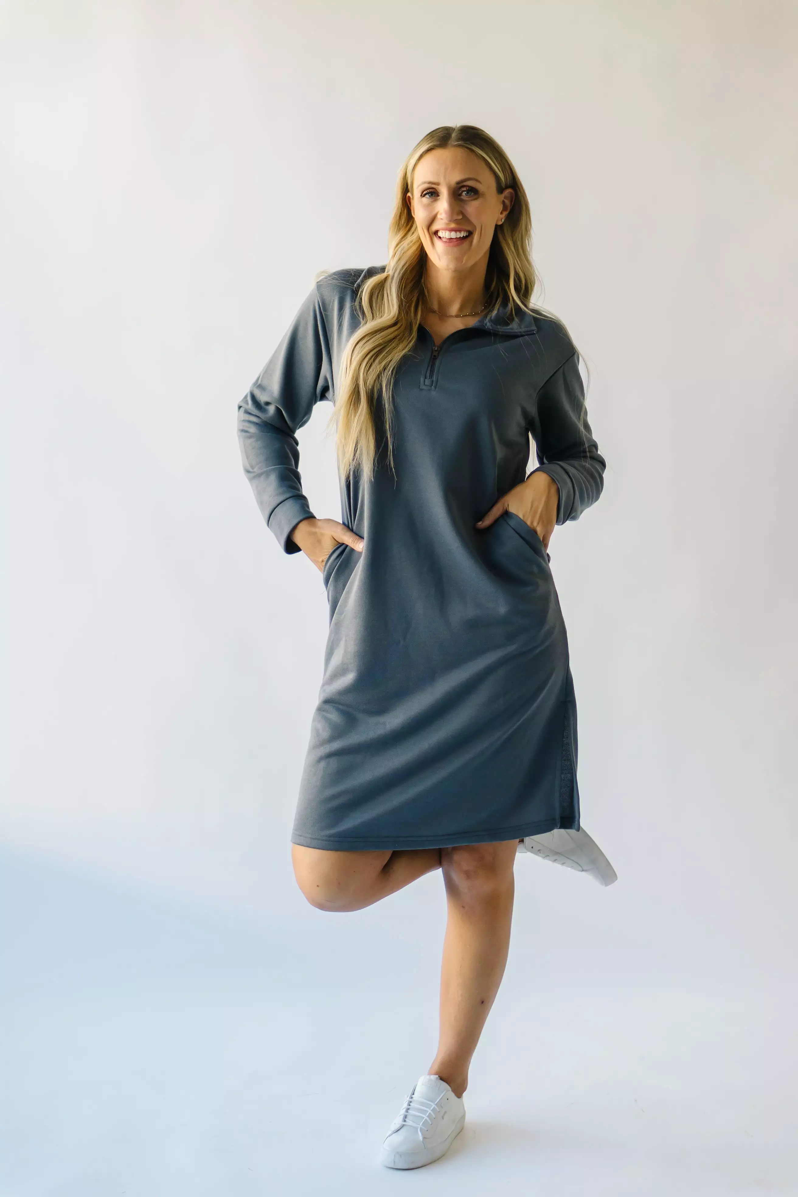 The Iona Half Zip Mock Neck Midi Dress in Charcoal