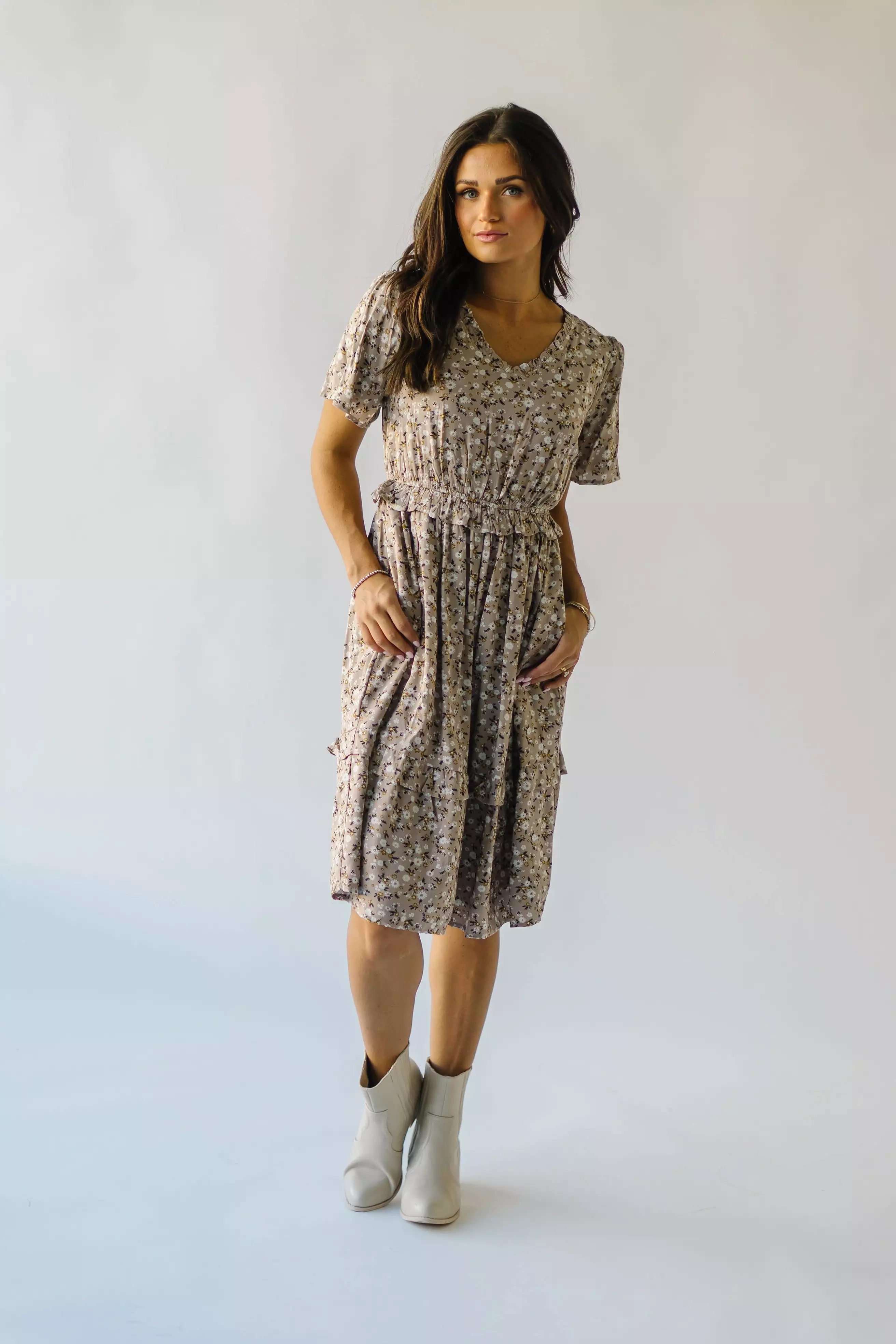 The Kasi Floral Midi Dress in Nightingale Gray