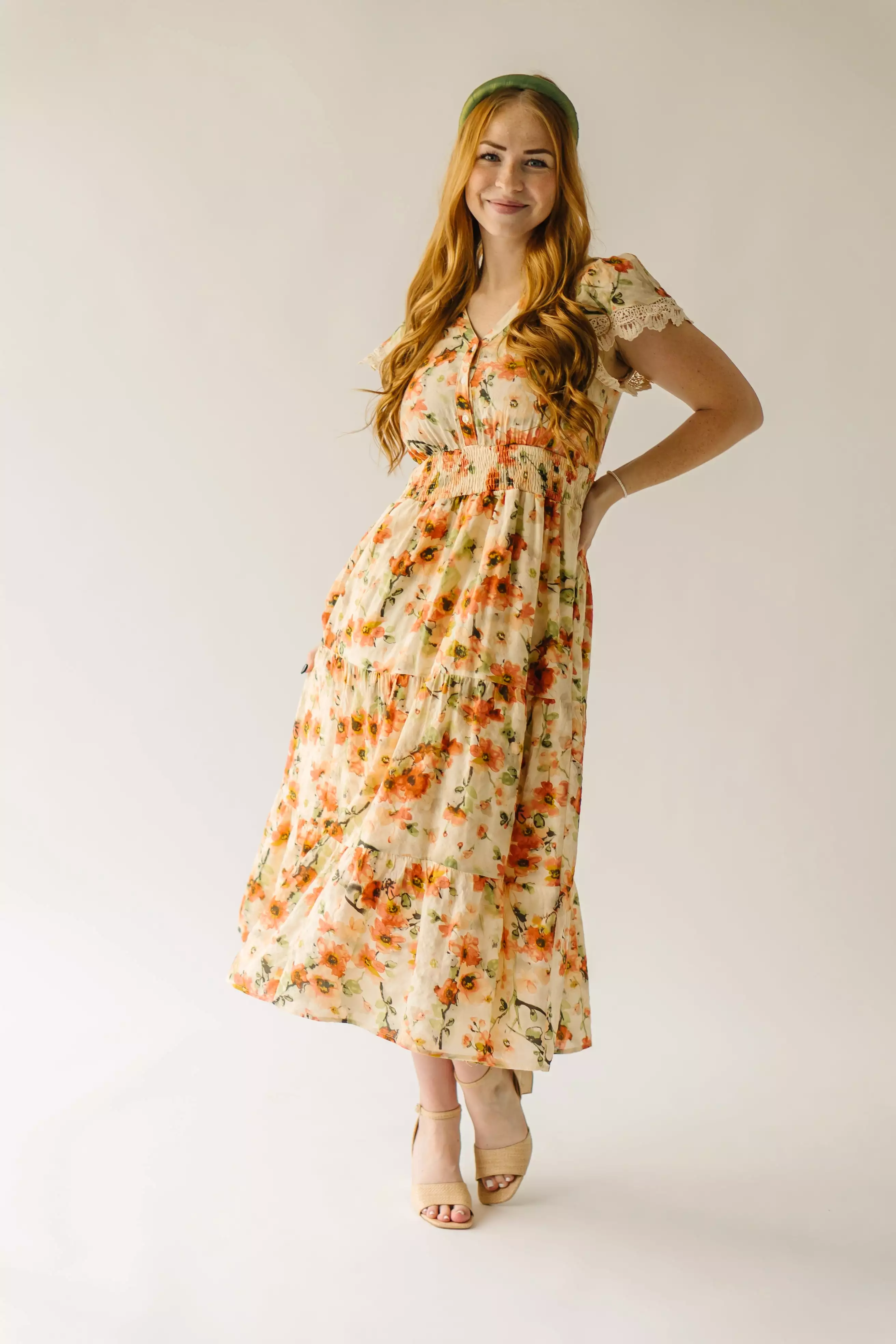 The Korenfeld Smocked Waist Midi Dress in Natural Multi