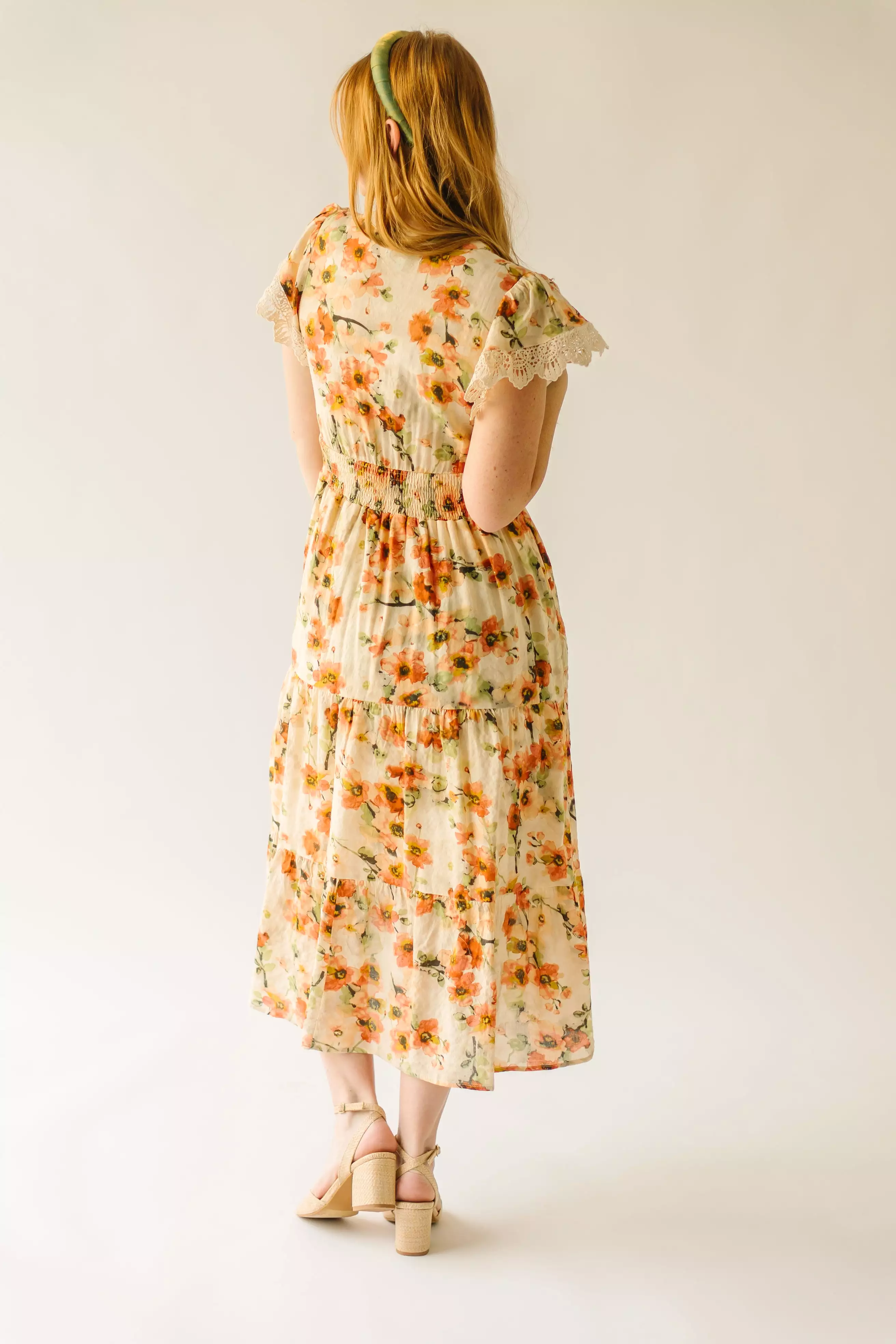 The Korenfeld Smocked Waist Midi Dress in Natural Multi