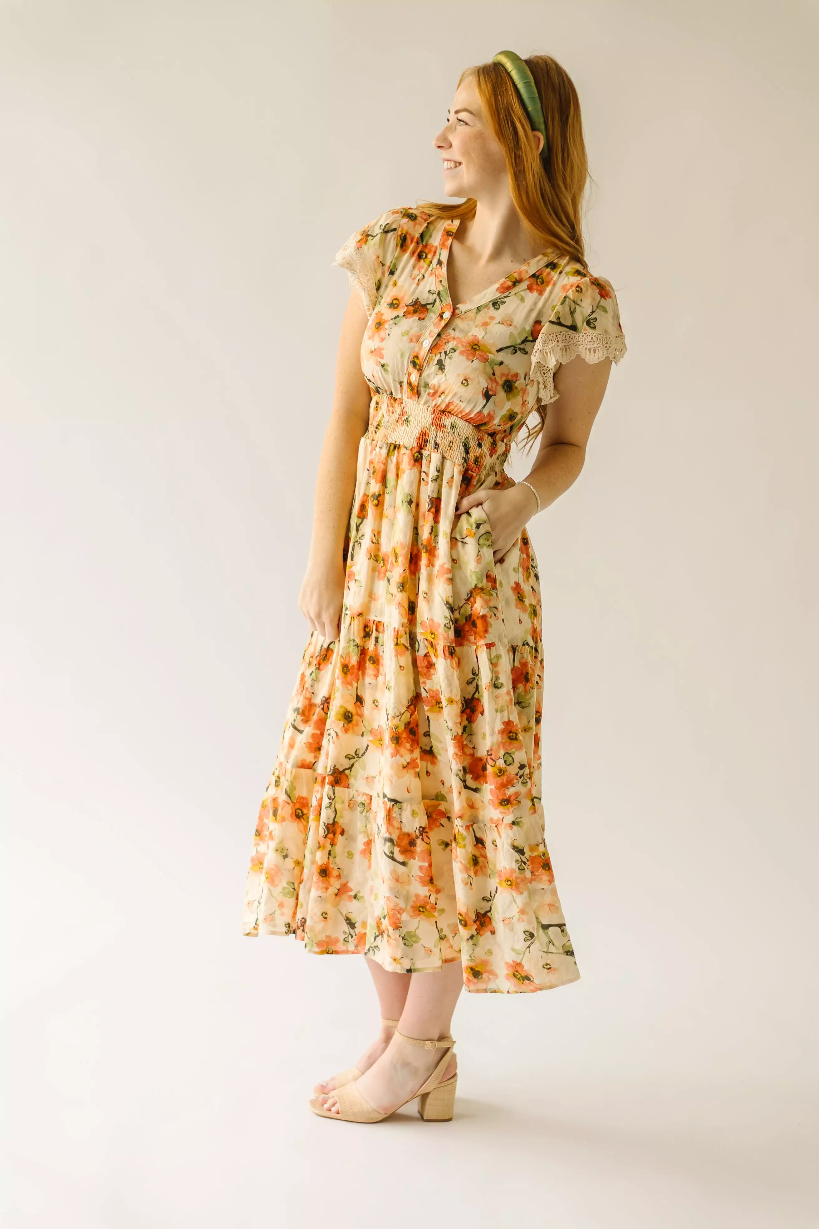 The Korenfeld Smocked Waist Midi Dress in Natural Multi