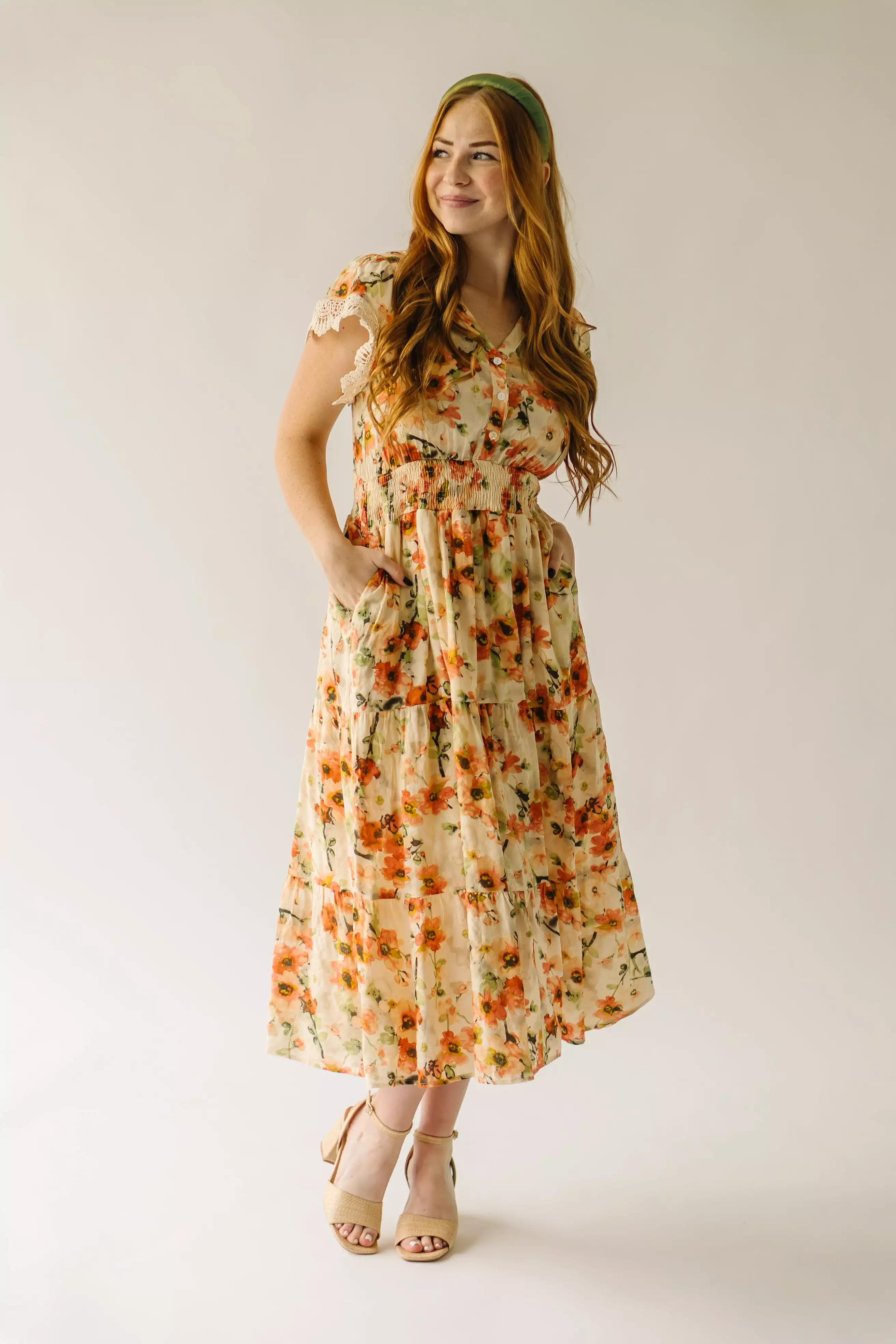 The Korenfeld Smocked Waist Midi Dress in Natural Multi