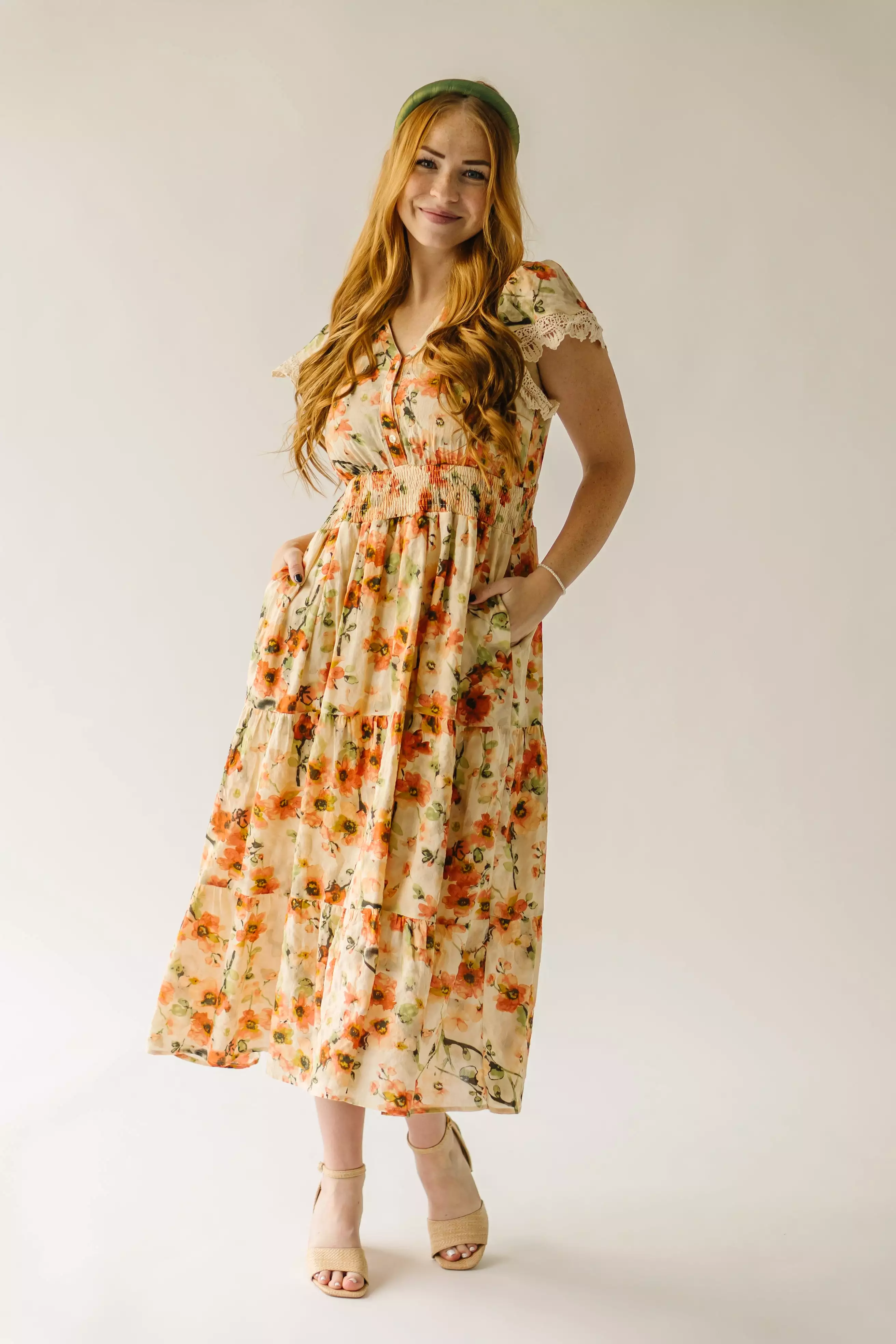 The Korenfeld Smocked Waist Midi Dress in Natural Multi