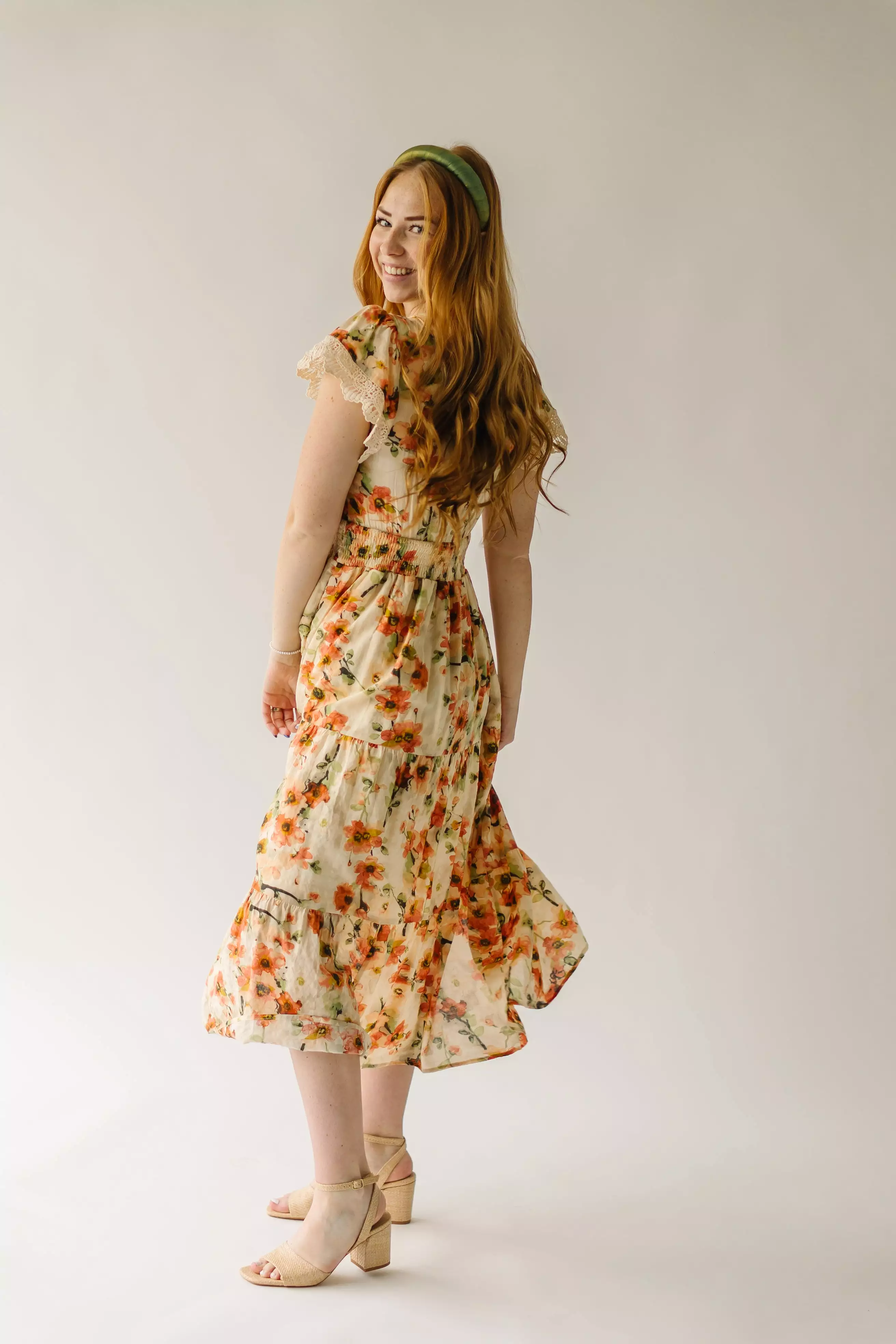 The Korenfeld Smocked Waist Midi Dress in Natural Multi