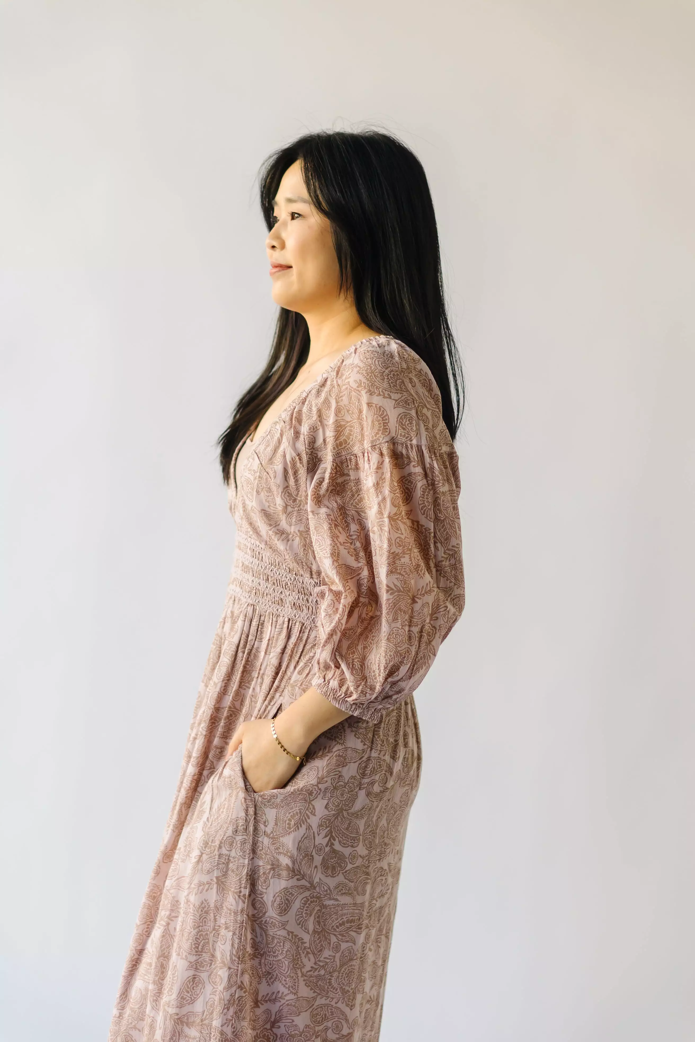 The Lewiston Smocked Detail Maxi Dress in Sandstone