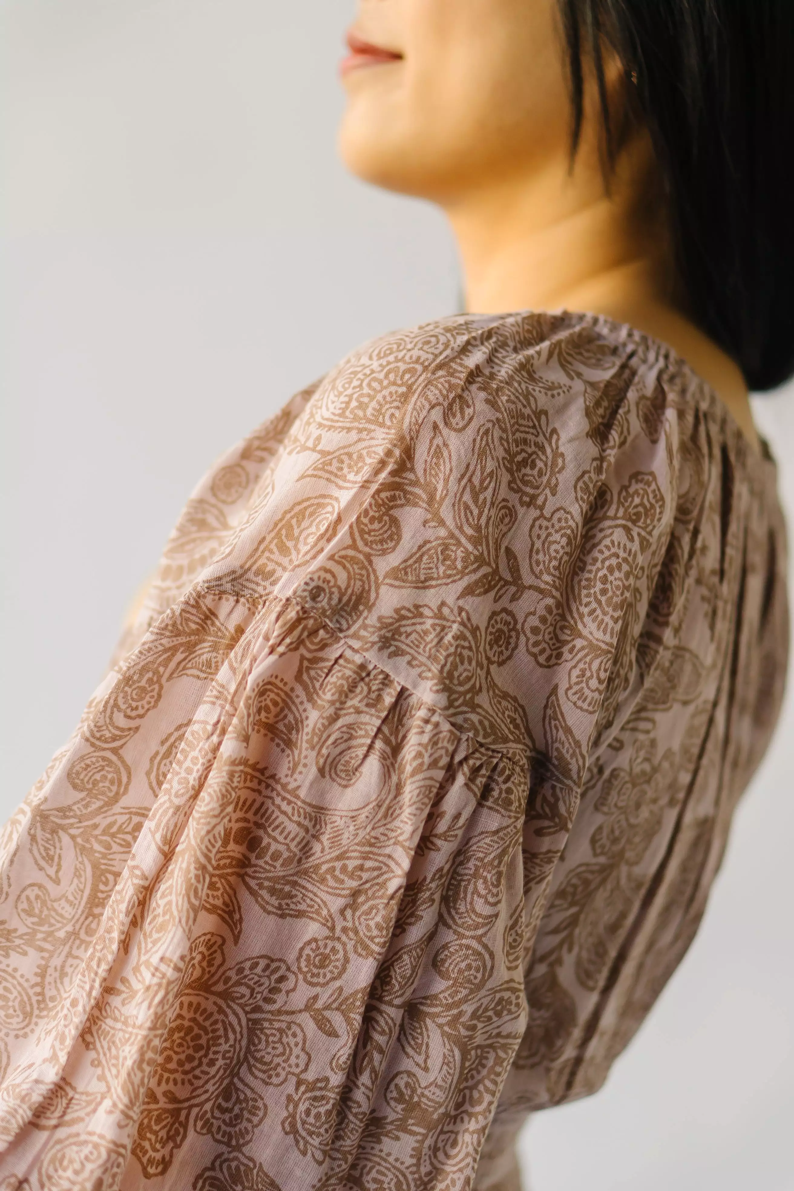 The Lewiston Smocked Detail Maxi Dress in Sandstone