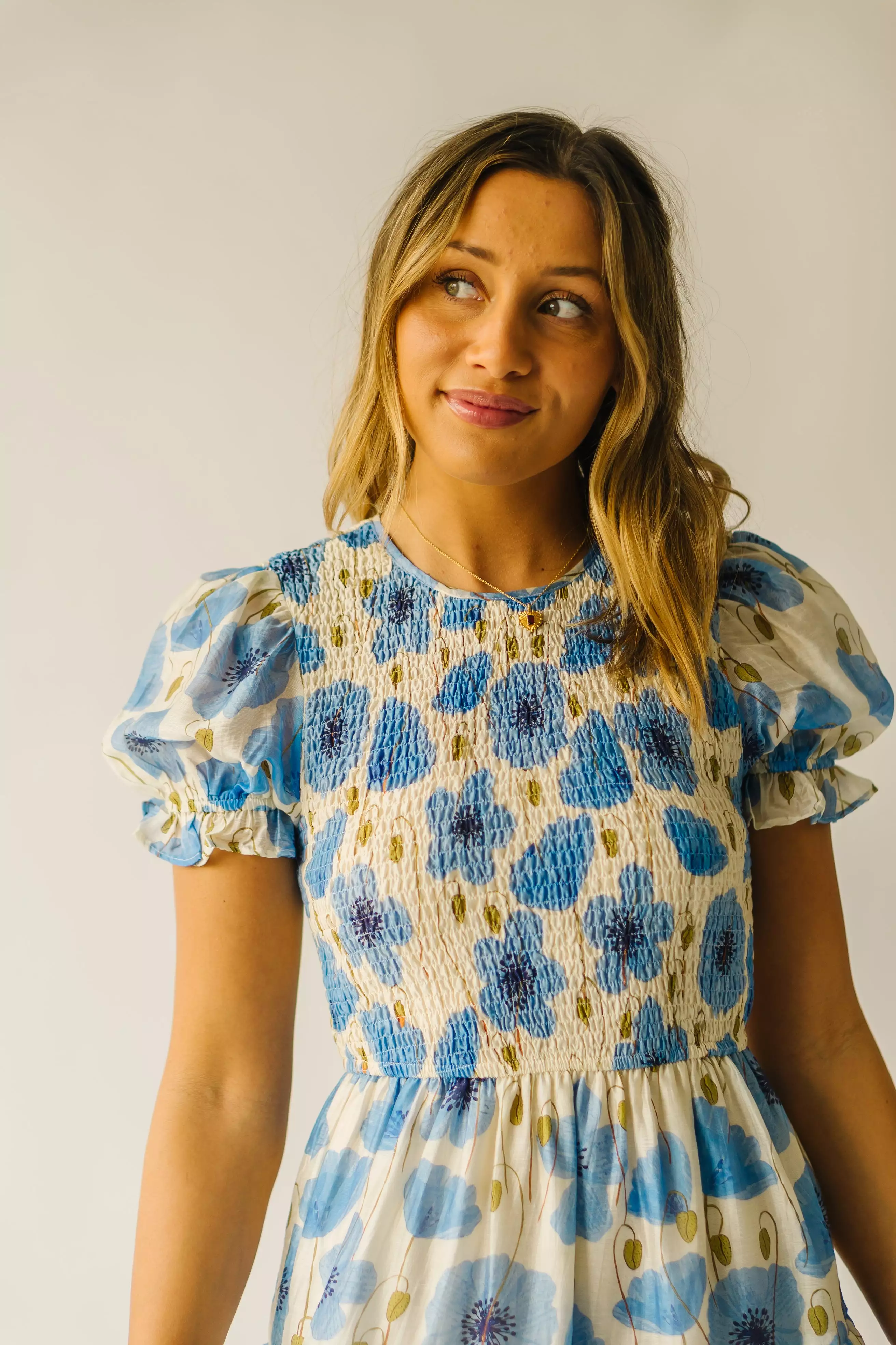 The Livia Floral Midi Dress in Cream + Blue Multi