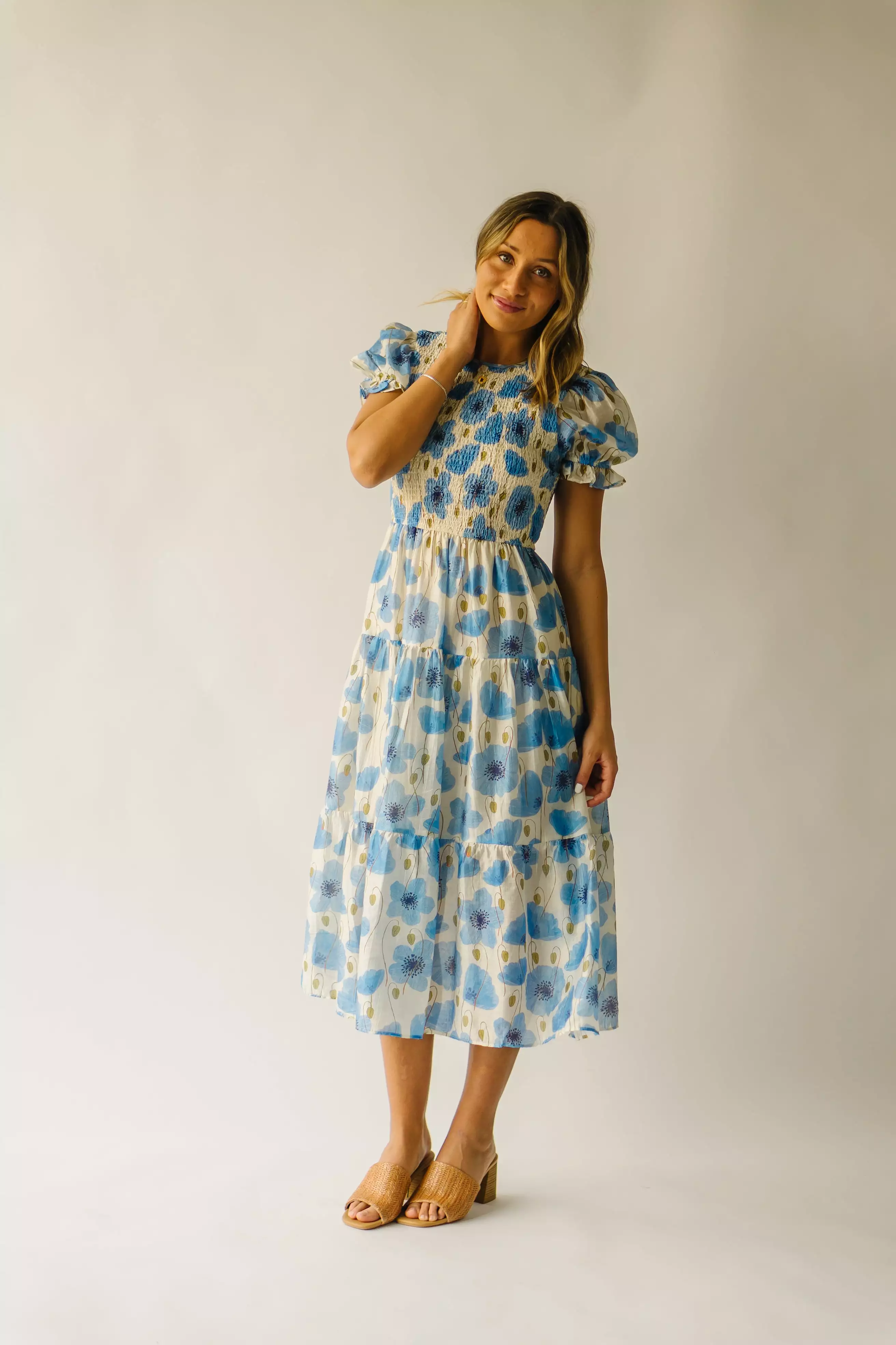 The Livia Floral Midi Dress in Cream + Blue Multi