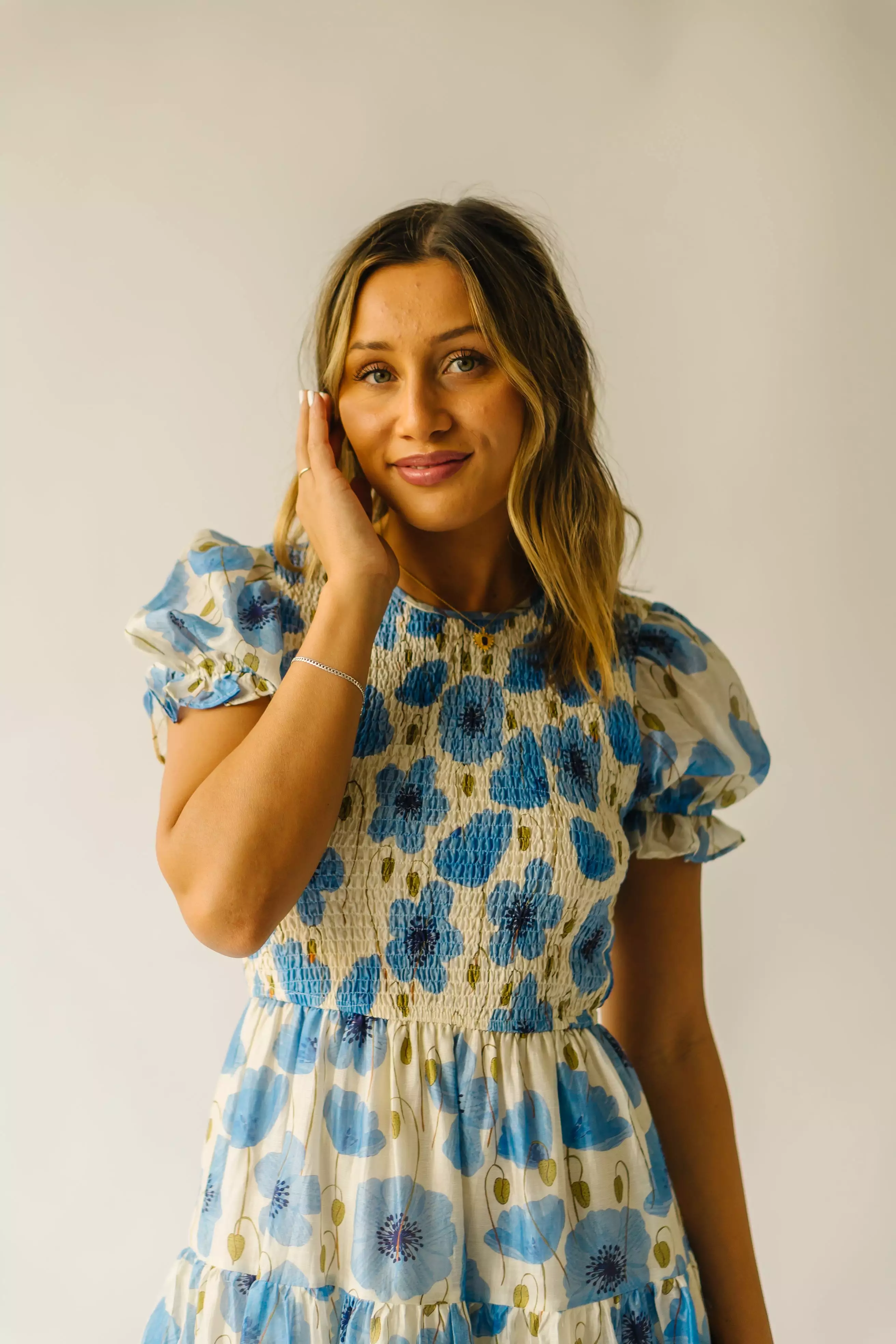 The Livia Floral Midi Dress in Cream + Blue Multi