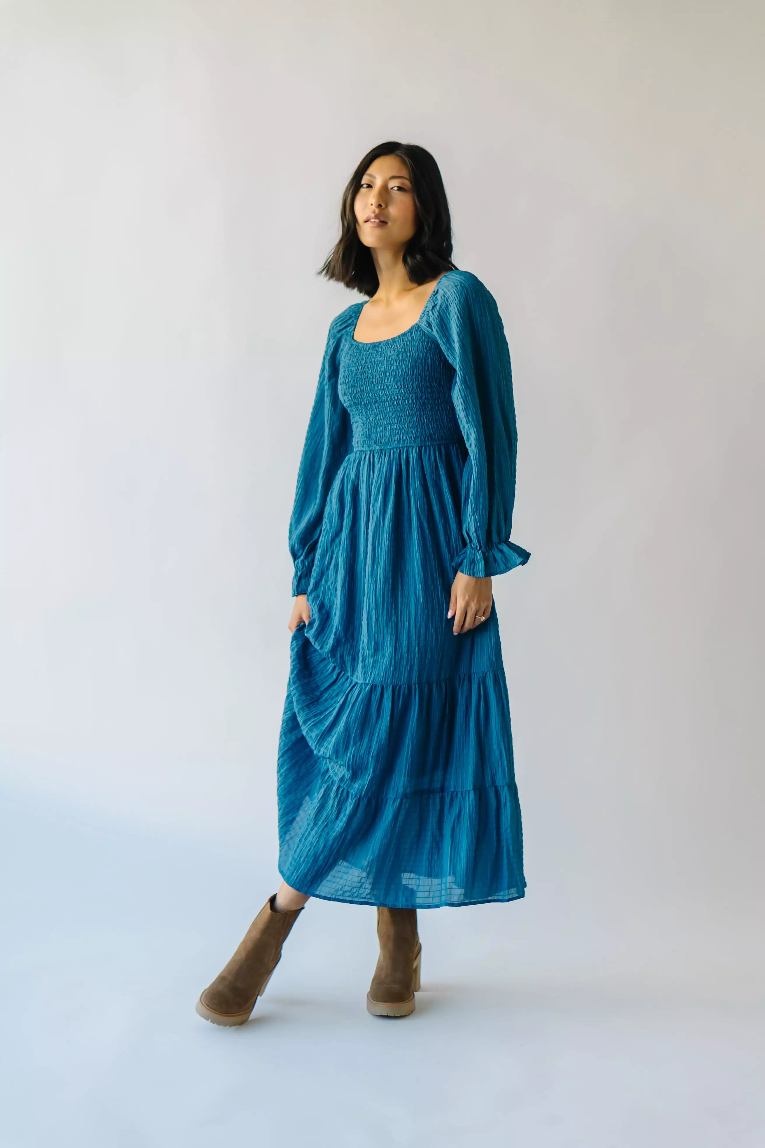 The Macedonia Tiered Midi Dress in Blue