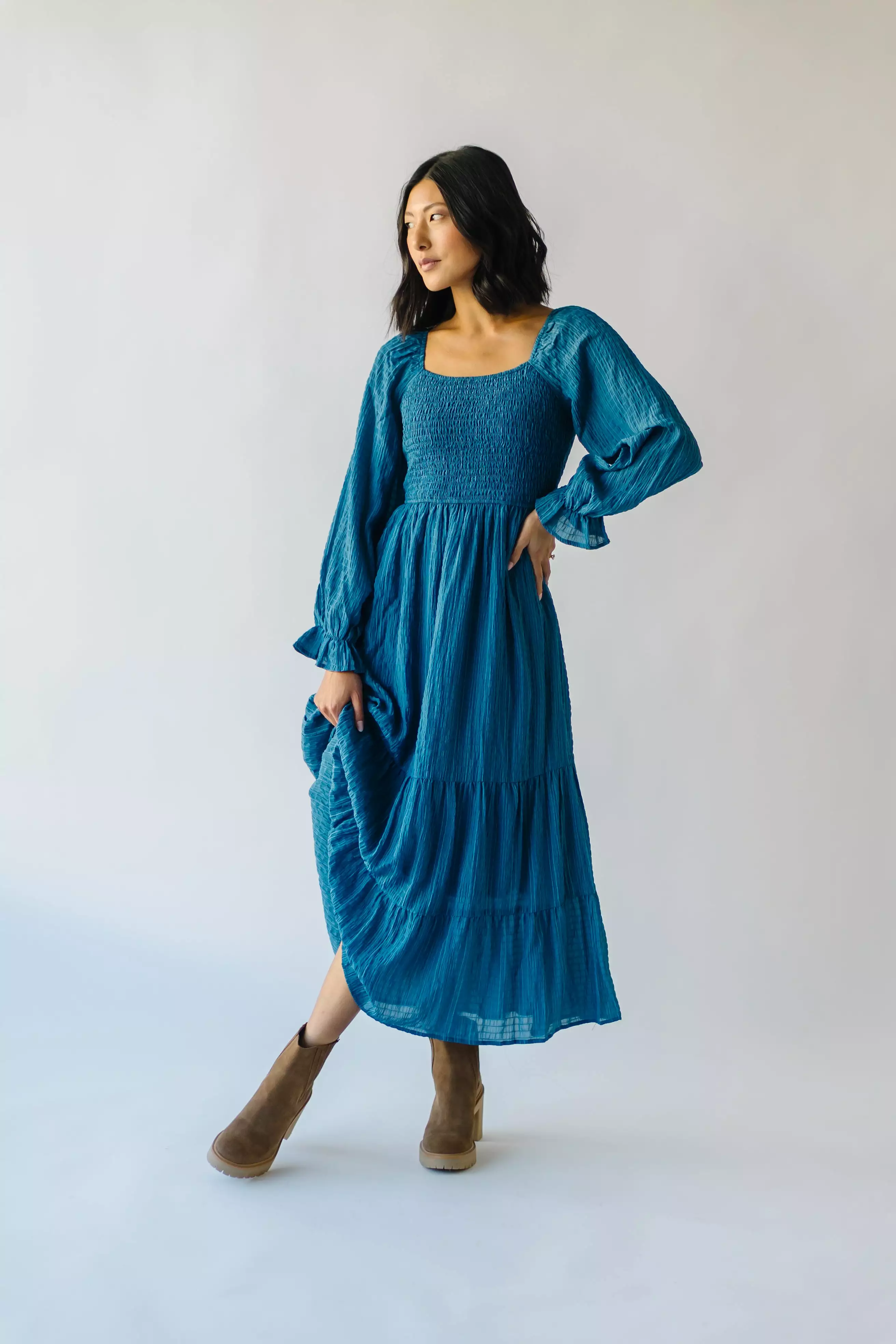 The Macedonia Tiered Midi Dress in Blue