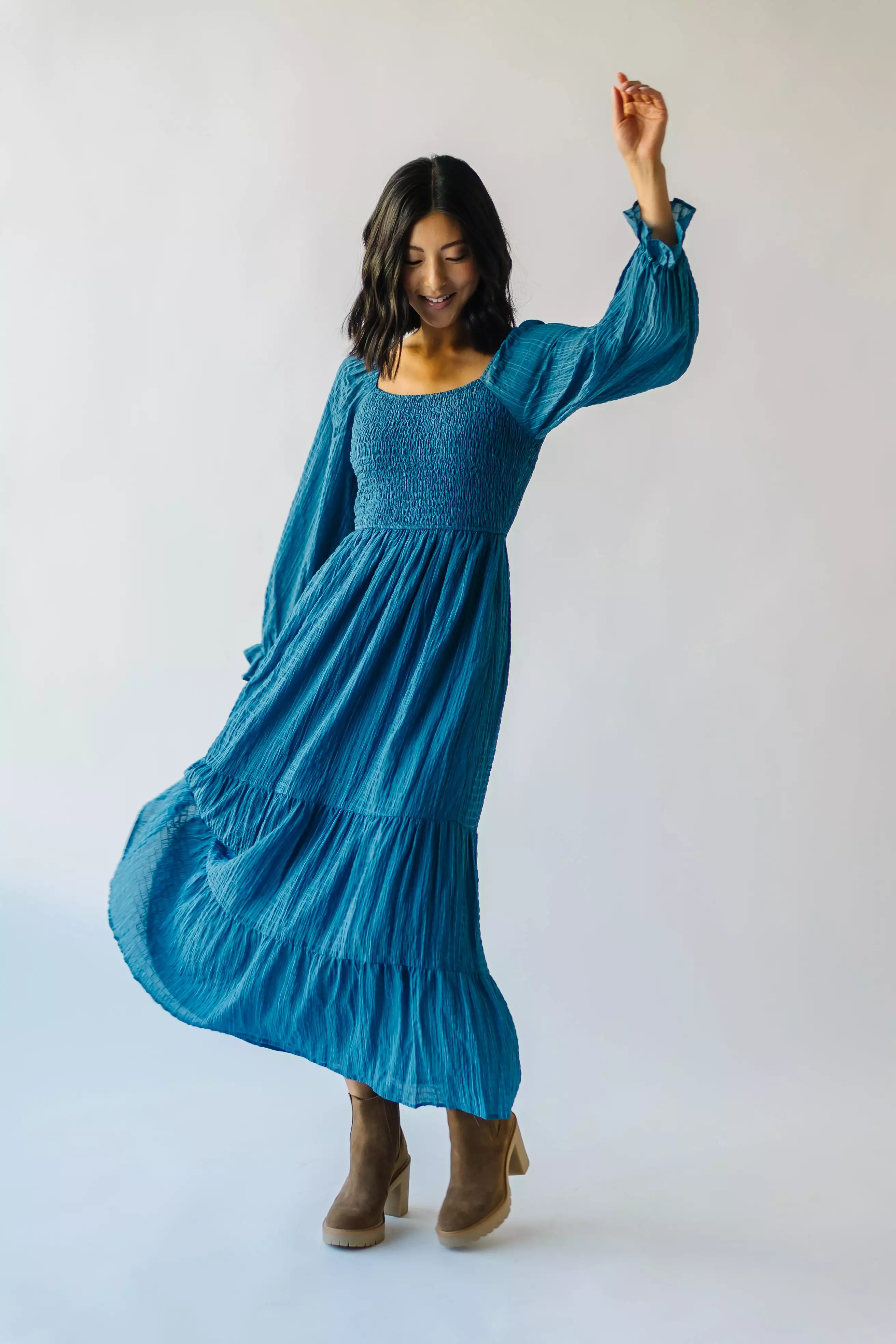 The Macedonia Tiered Midi Dress in Blue