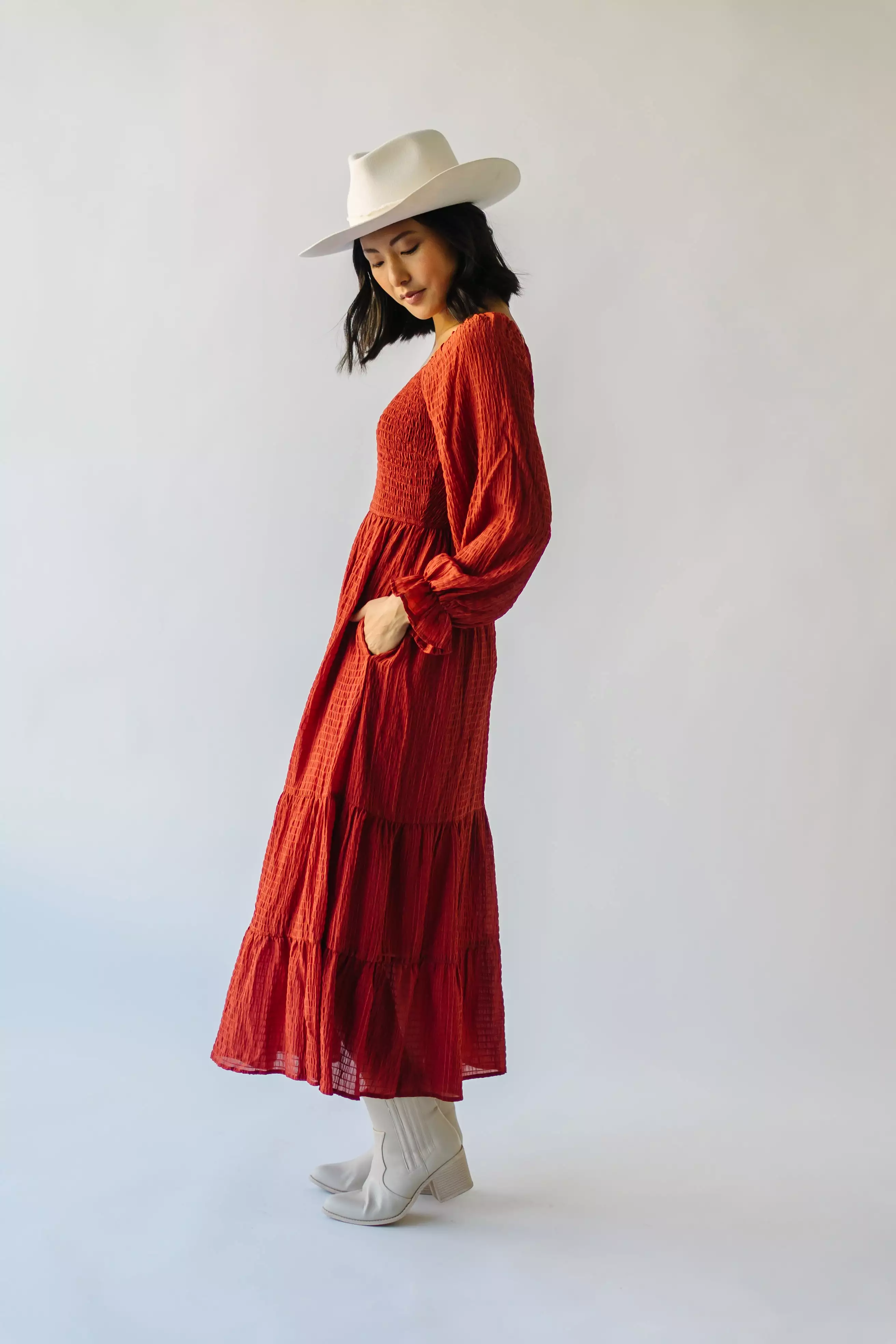 The Macedonia Tiered Midi Dress in Rust