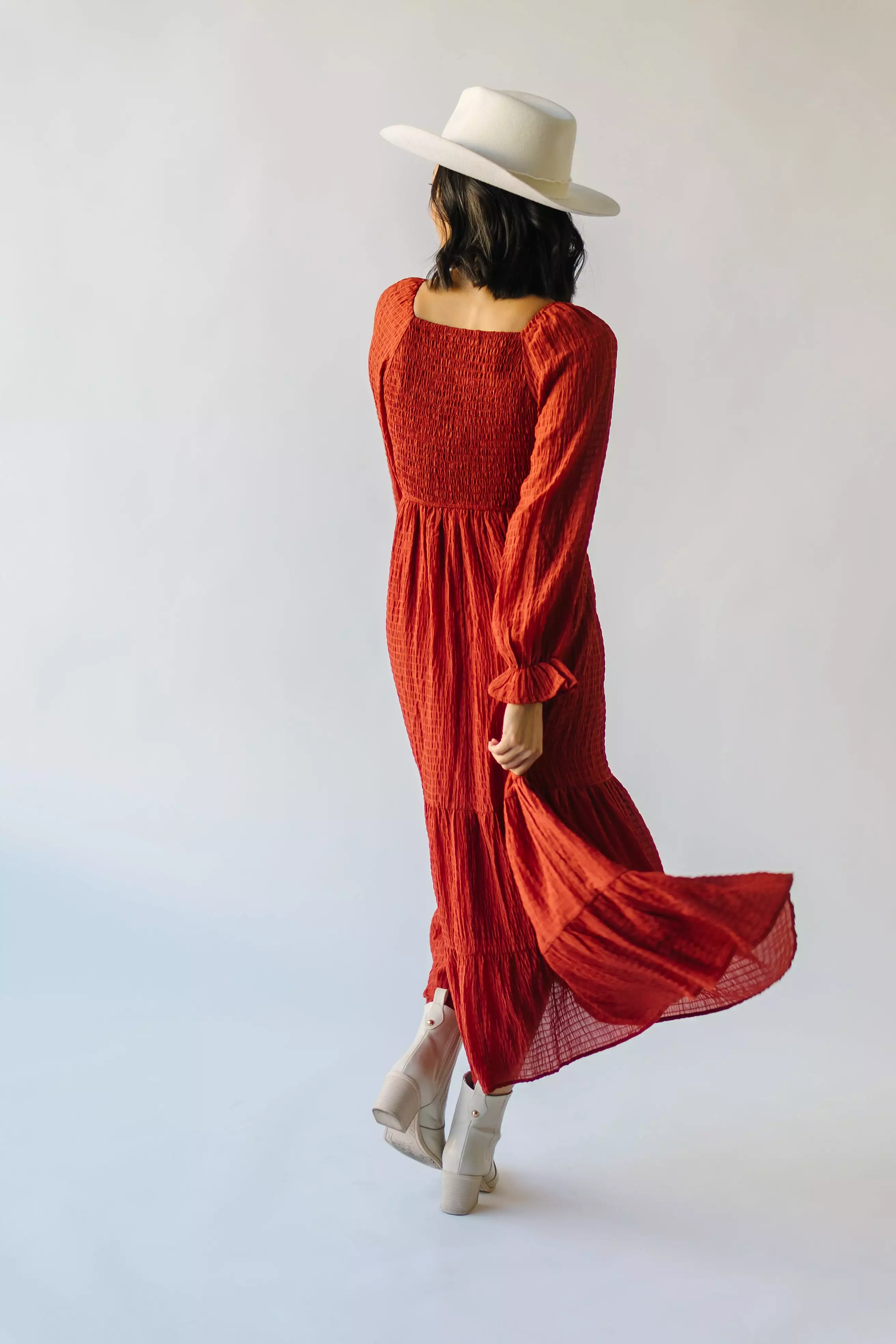 The Macedonia Tiered Midi Dress in Rust