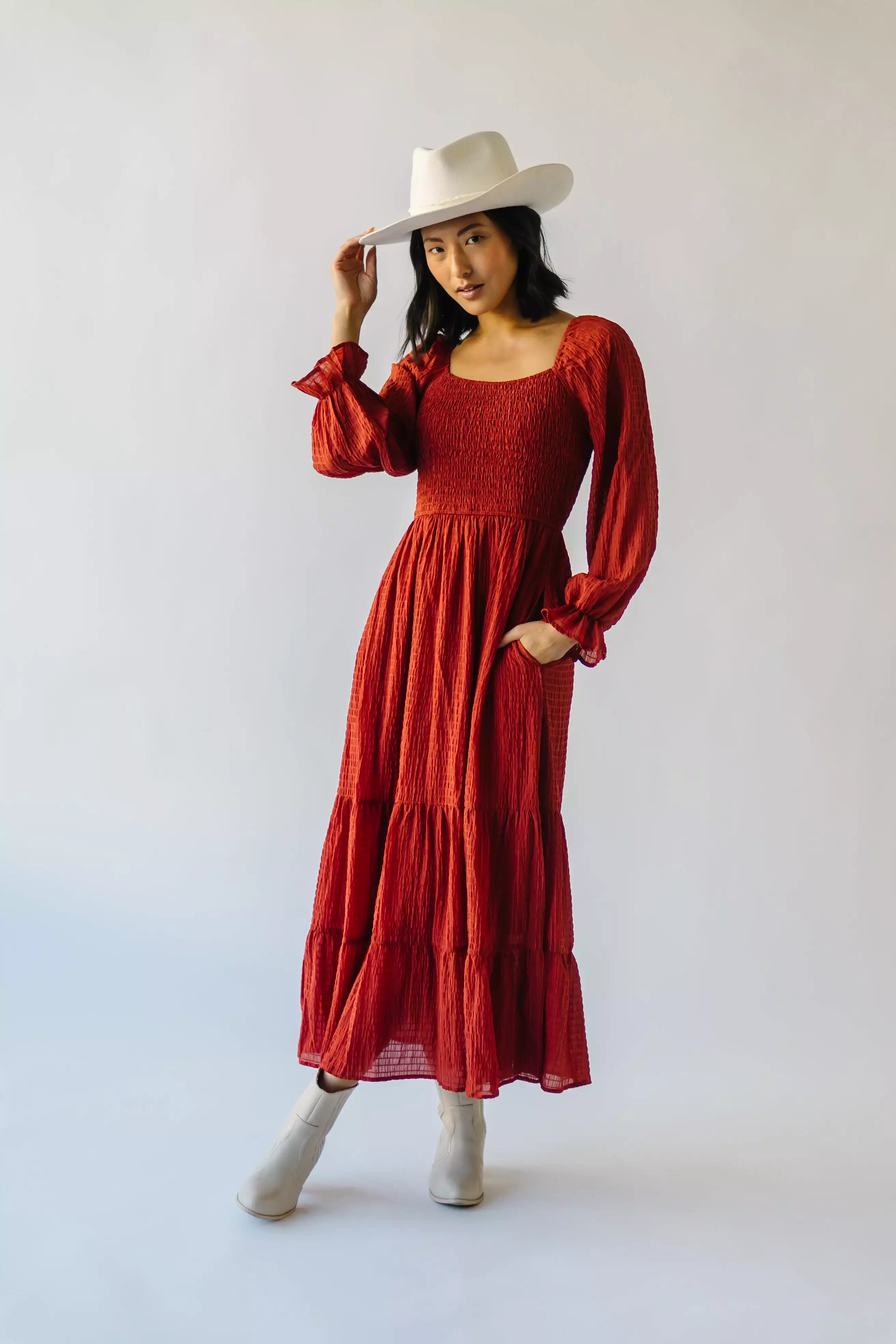 The Macedonia Tiered Midi Dress in Rust