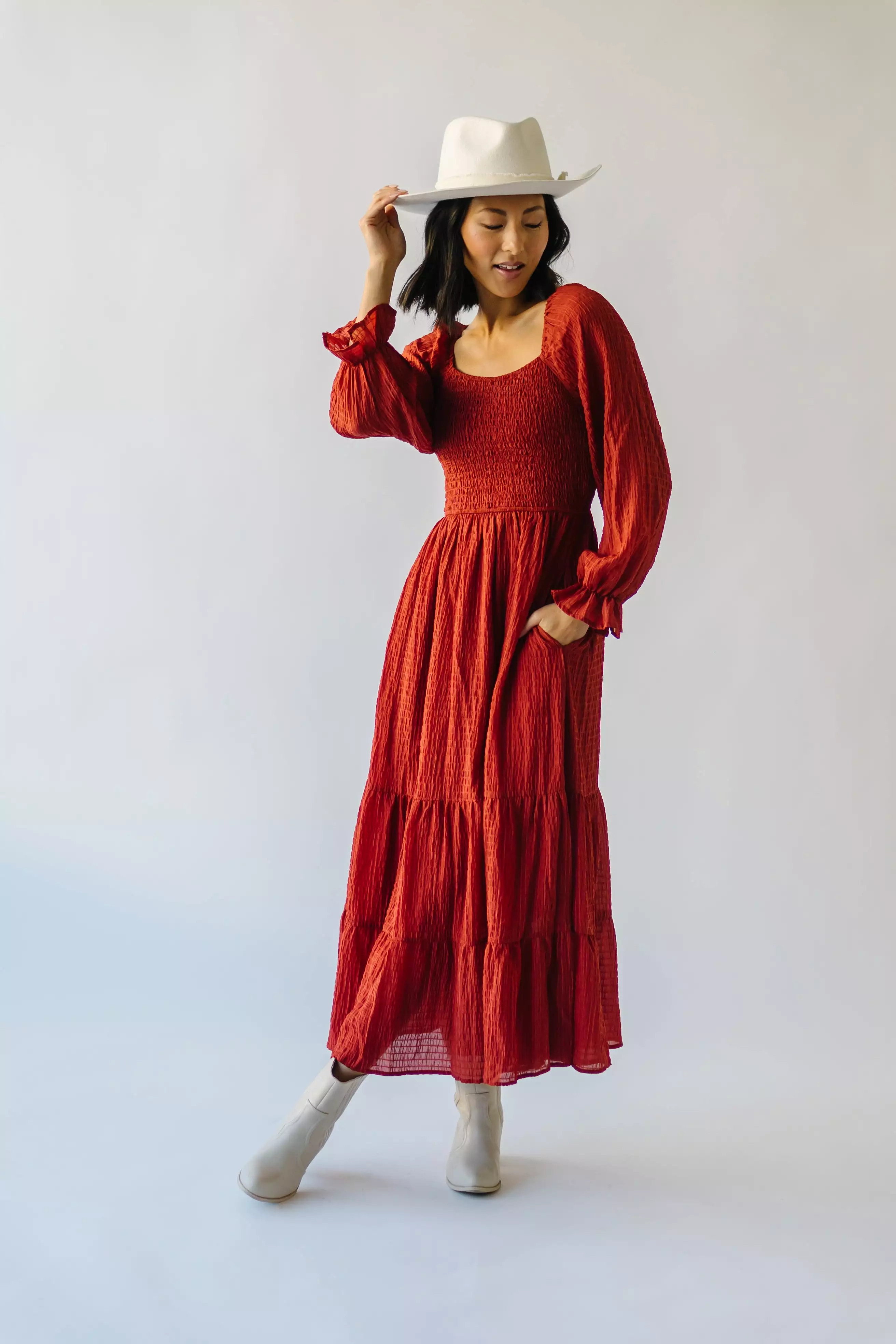 The Macedonia Tiered Midi Dress in Rust