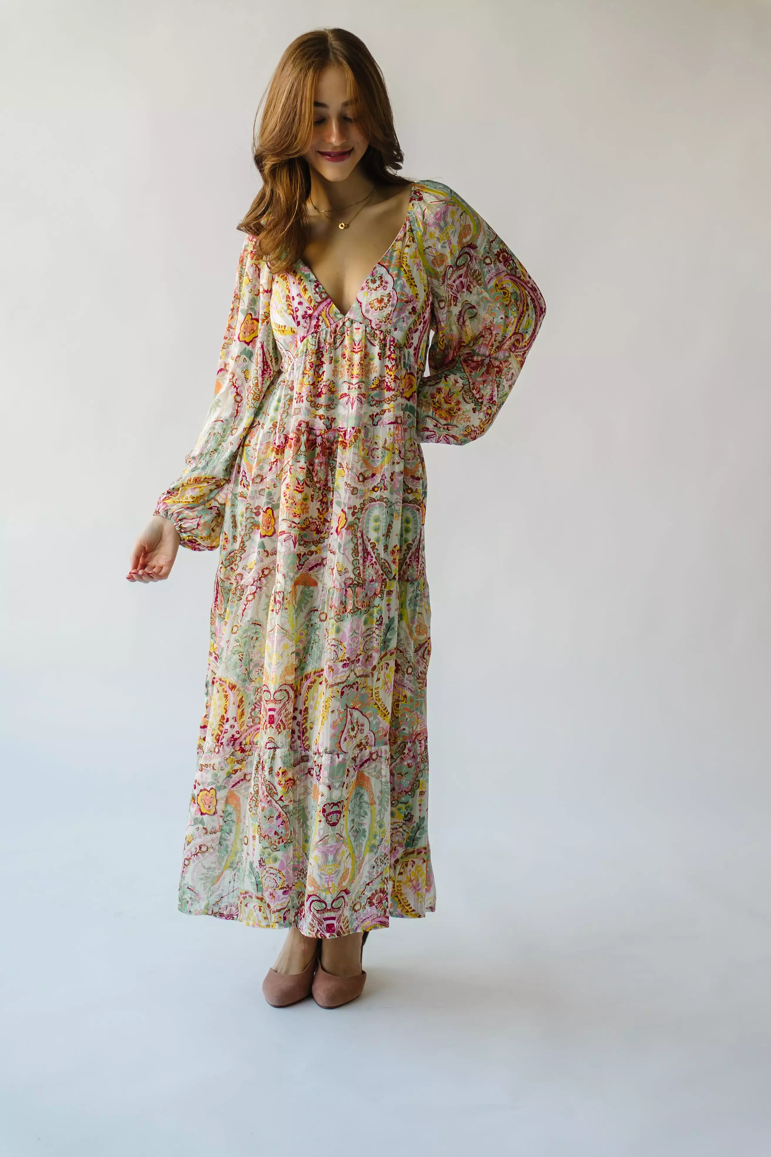 The Manville Paisley Tiered Maxi Dress in Lavender Multi