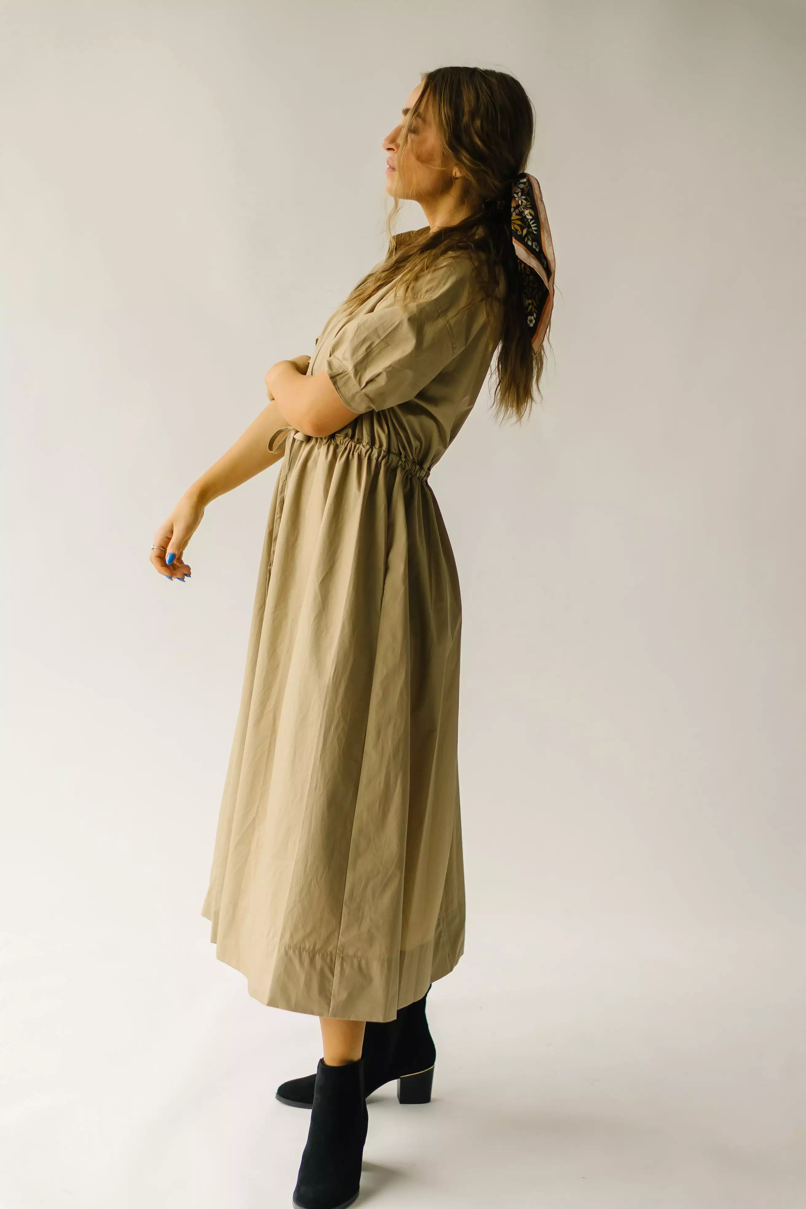 The Minden Cinch Detail Midi Dress in Khaki