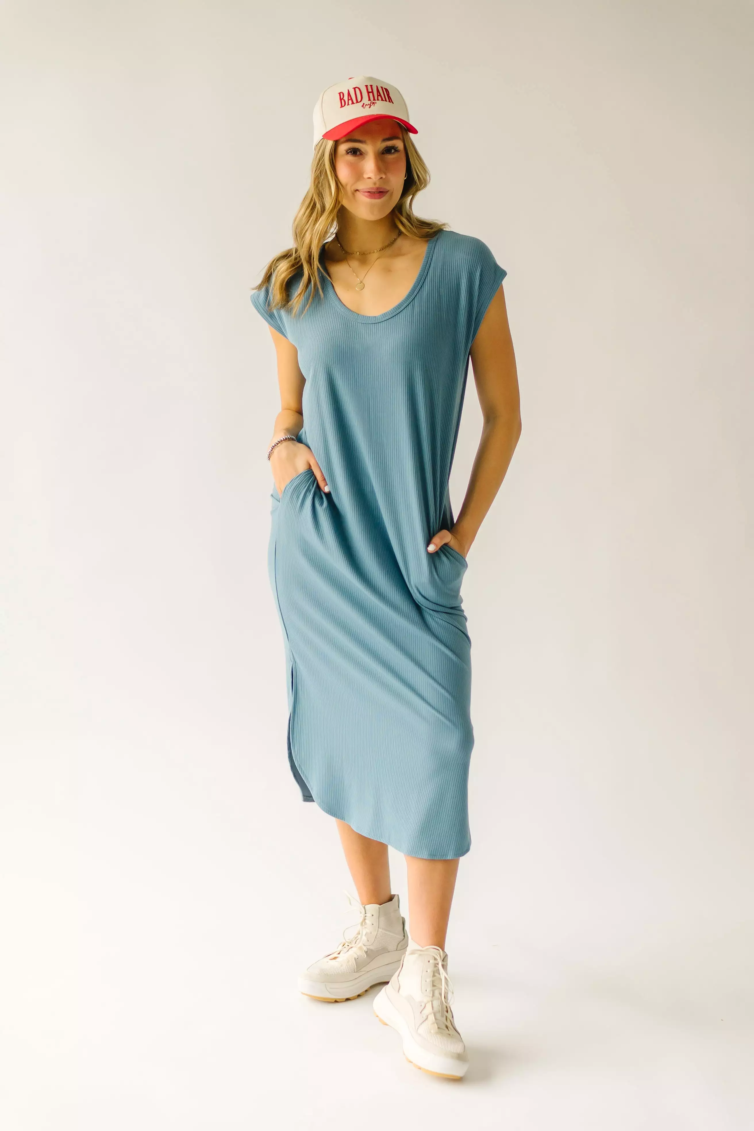 The Motler Scoop Neck Midi Dress in Denim