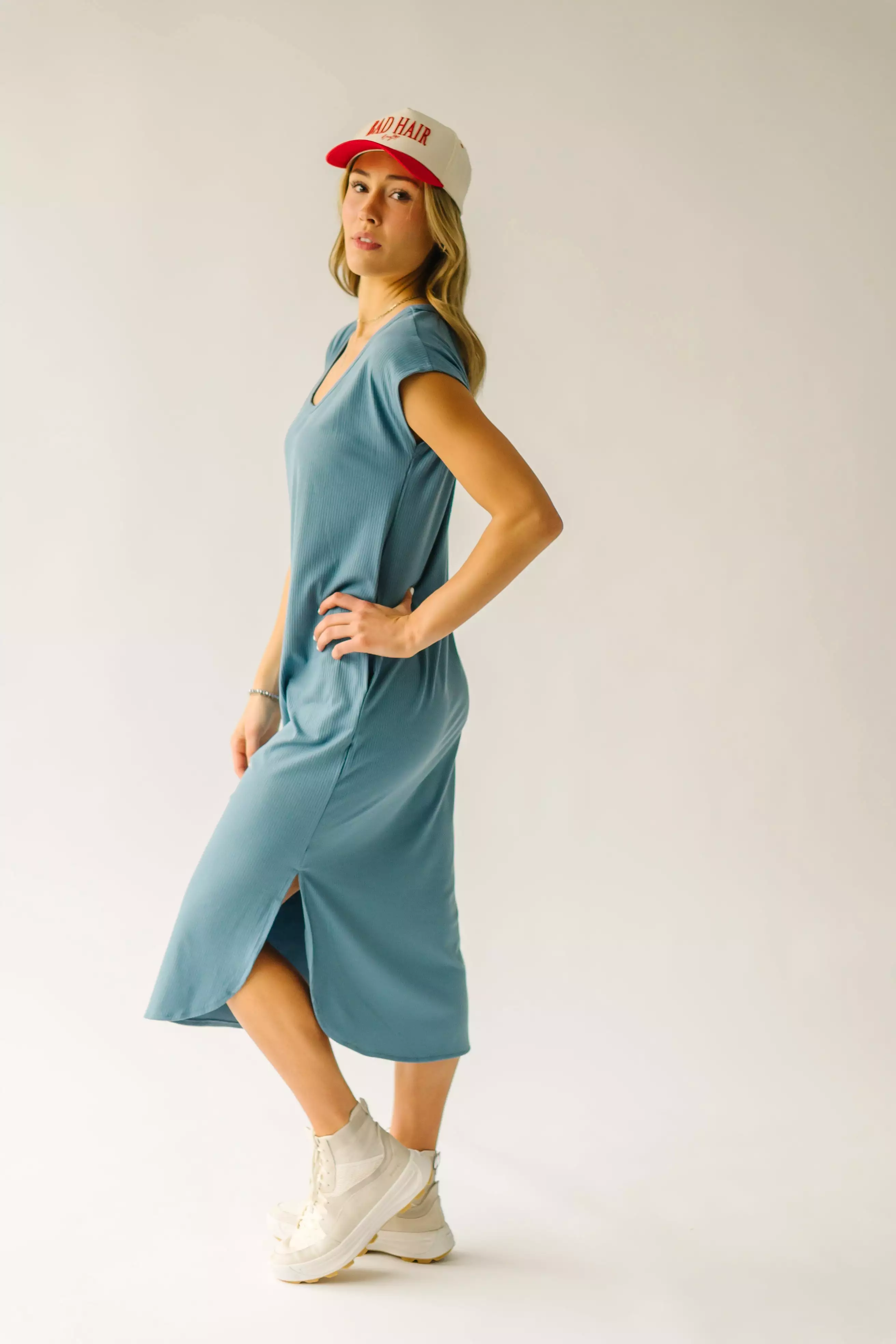 The Motler Scoop Neck Midi Dress in Denim