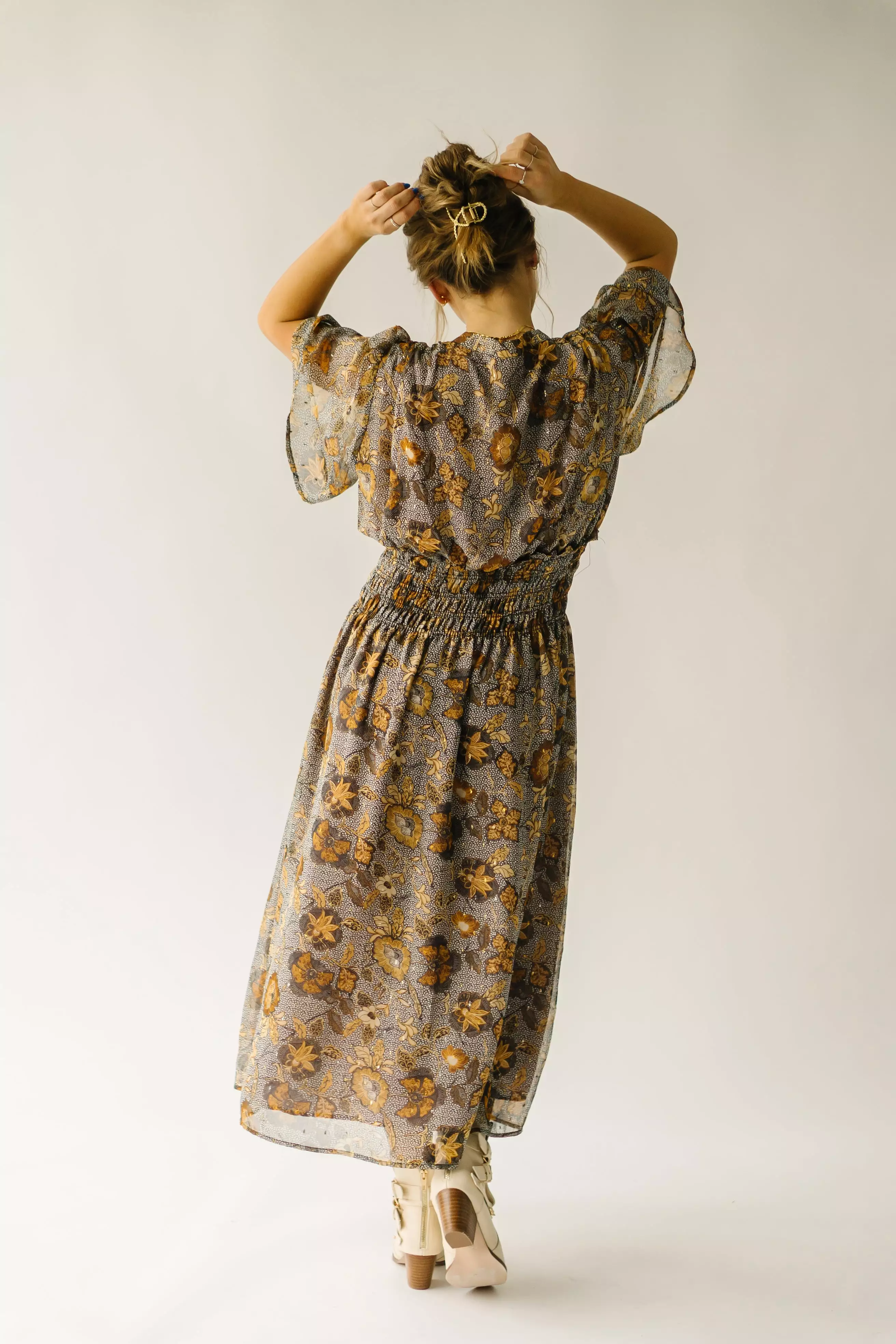 The Nottoway Cinch Waist Midi Dress in Moonlight Gold