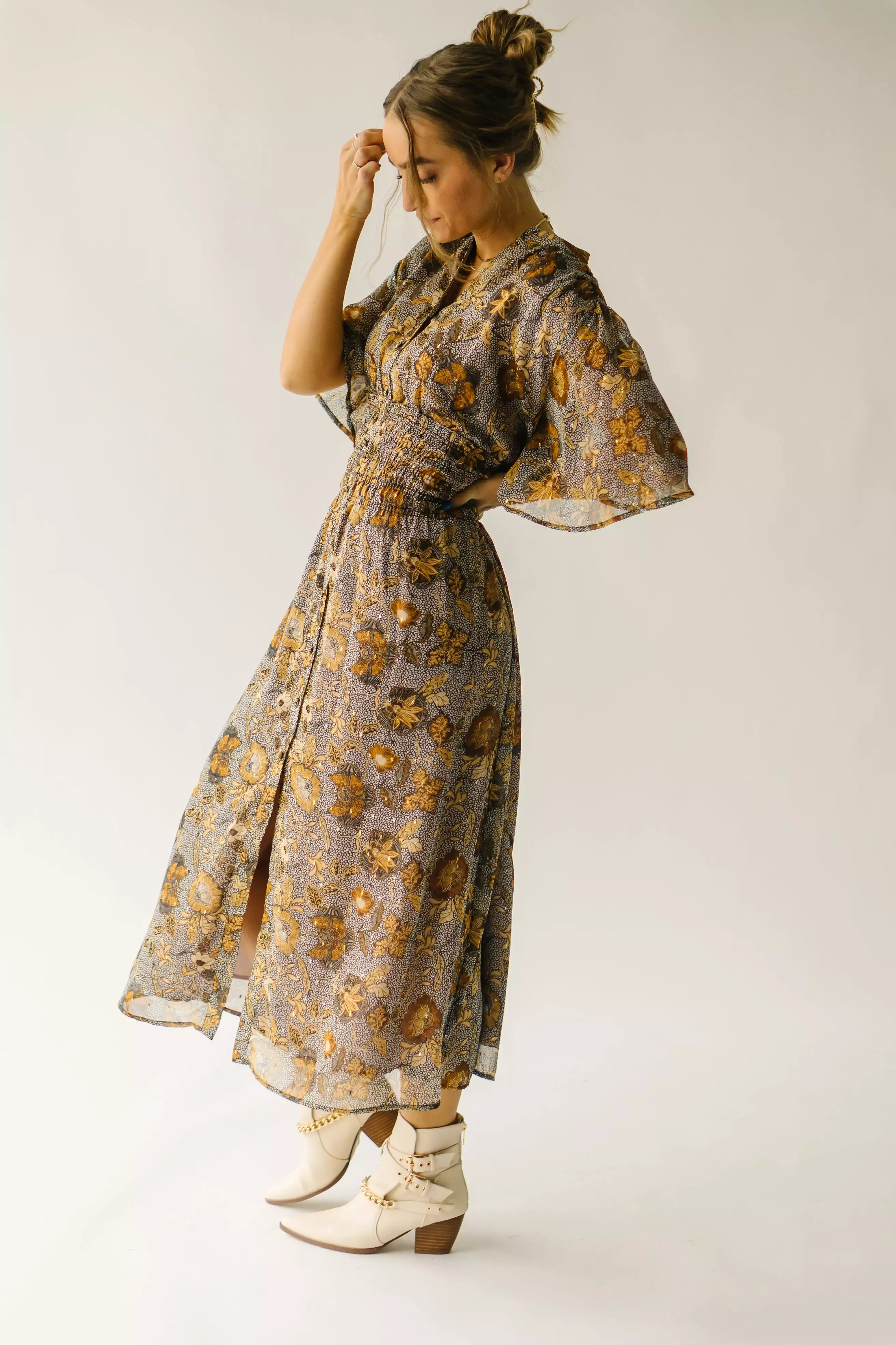 The Nottoway Cinch Waist Midi Dress in Moonlight Gold