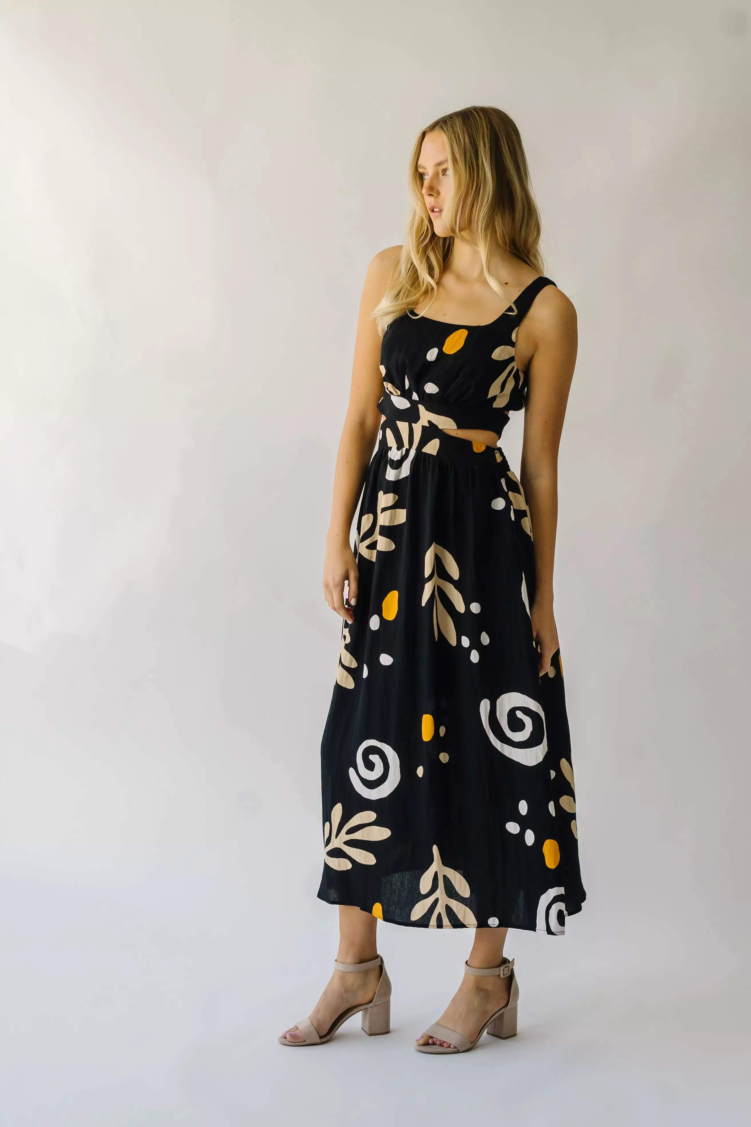 The Nunez Patterned Cutout Midi Dress in Black