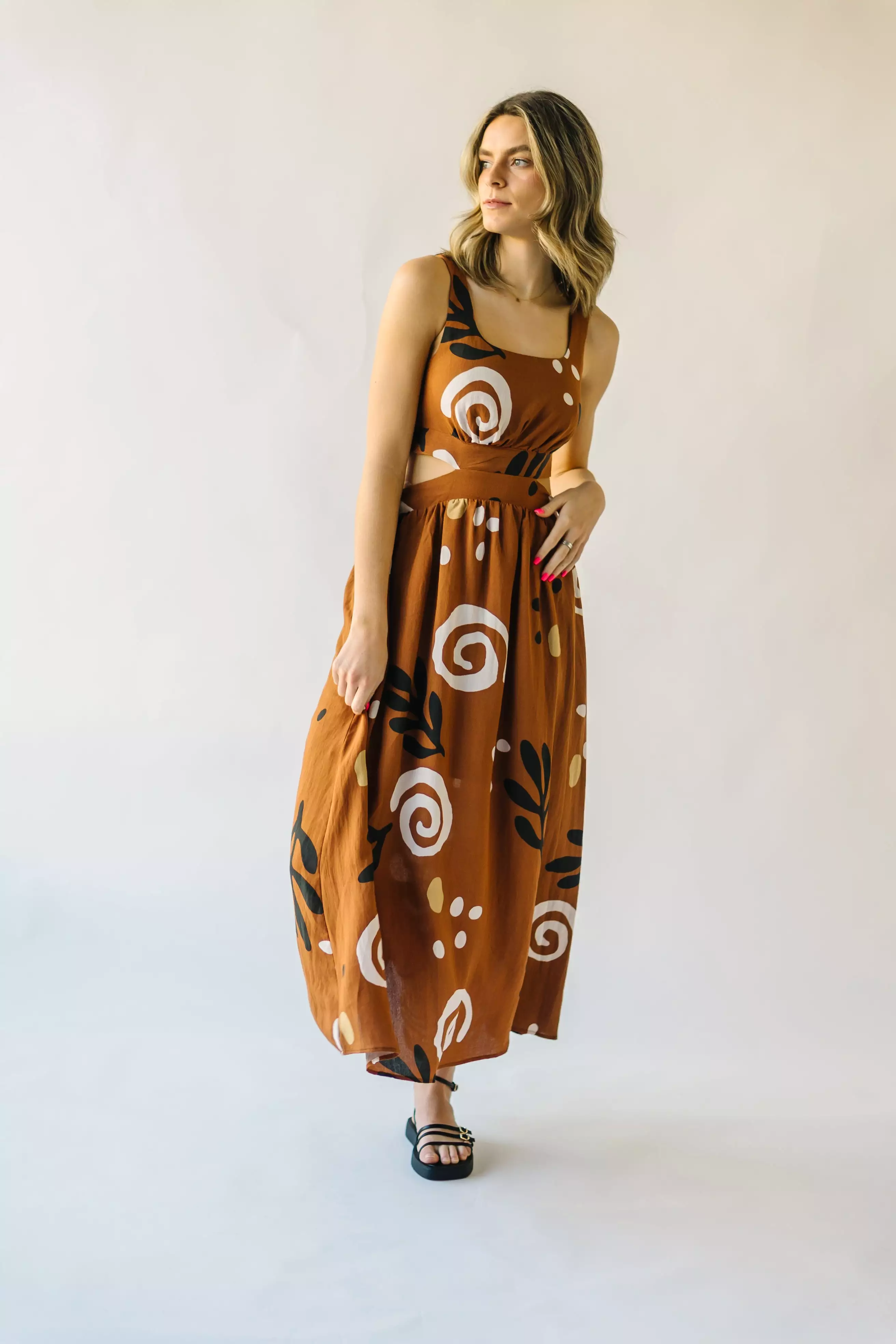 The Nunez Patterned Cutout Midi Dress in Camel