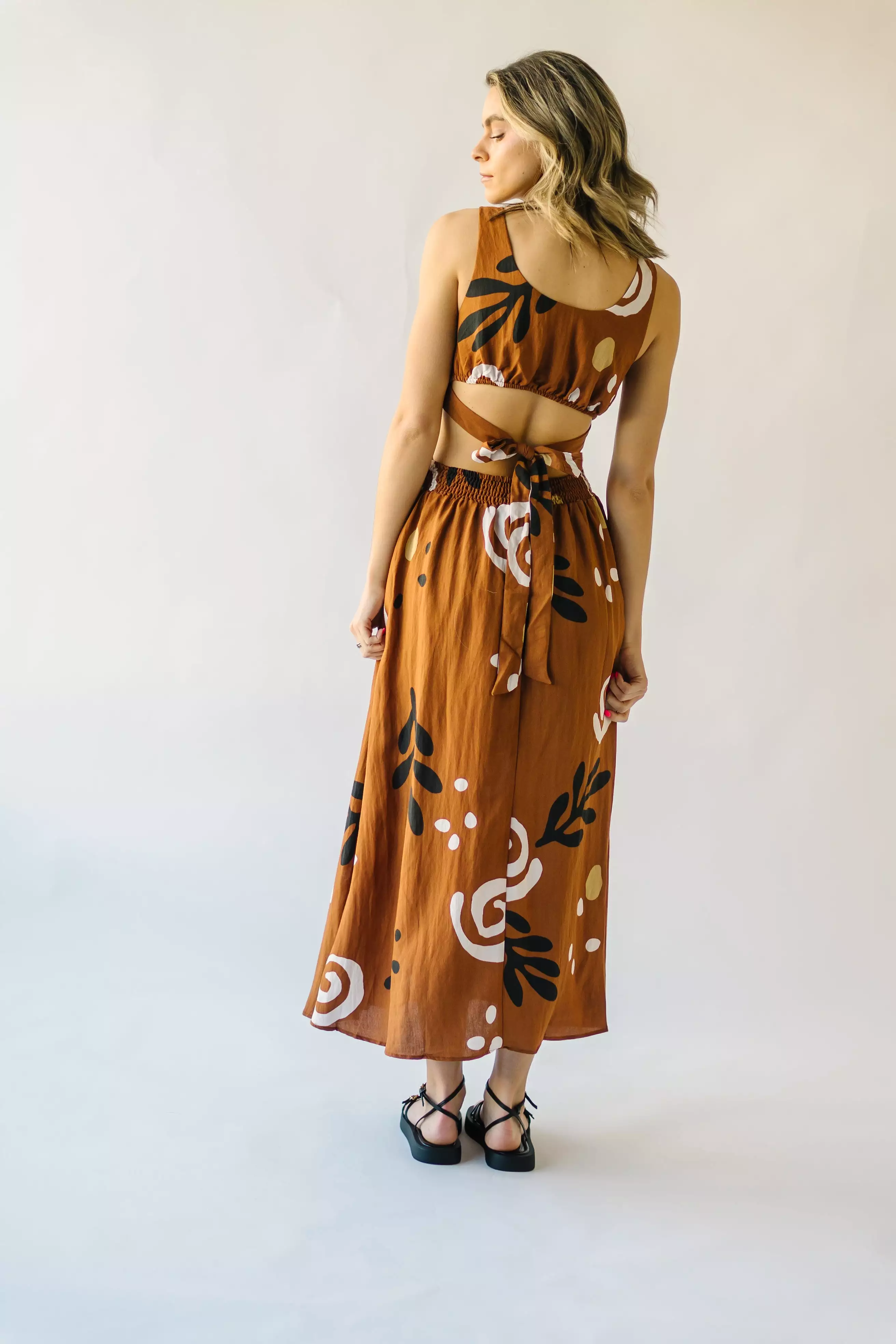 The Nunez Patterned Cutout Midi Dress in Camel