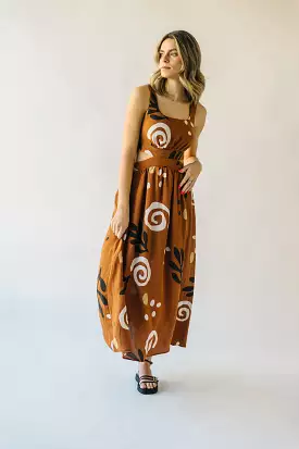 The Nunez Patterned Cutout Midi Dress in Camel