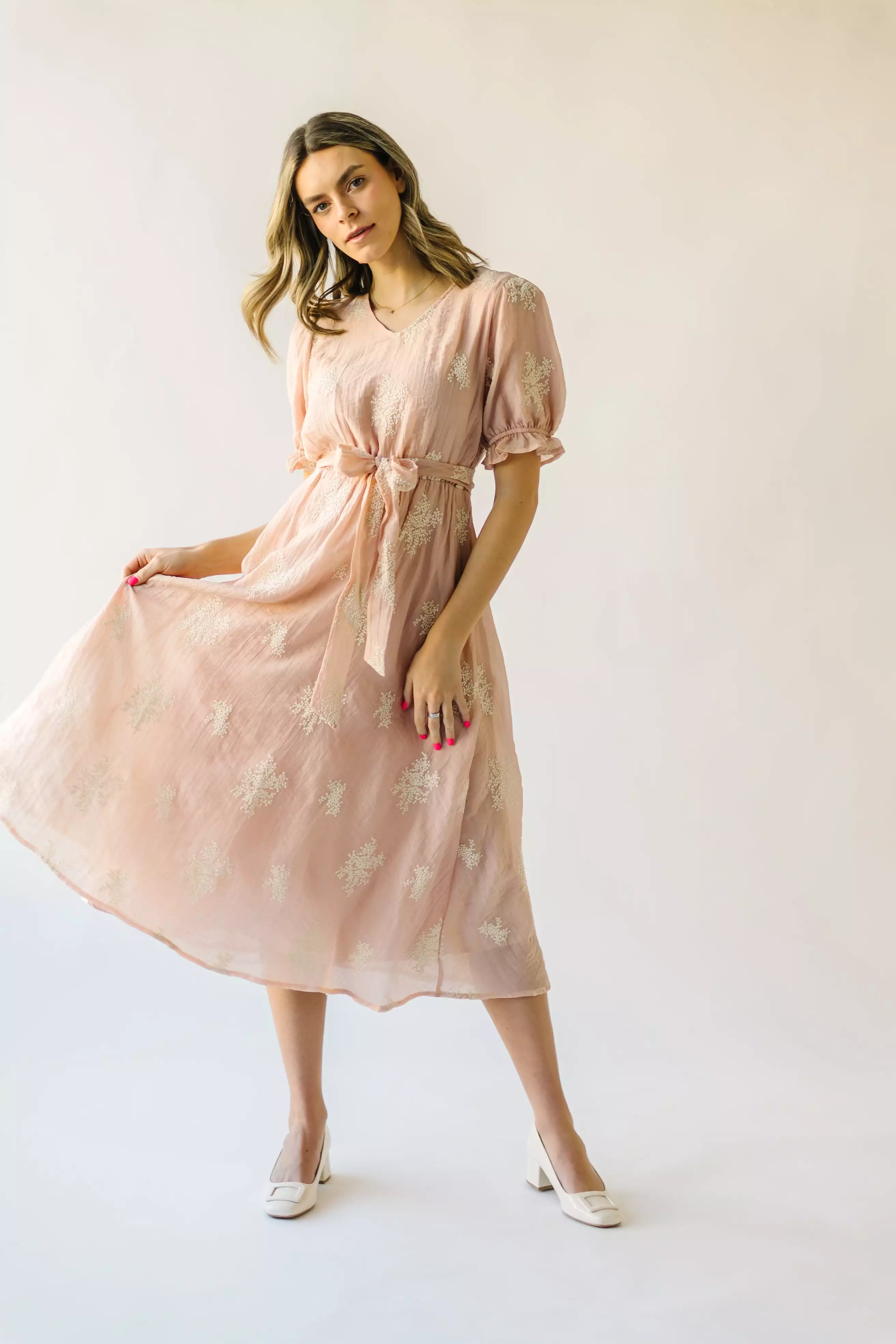 The Pickney V-Neck Embroidered Midi Dress in Blush