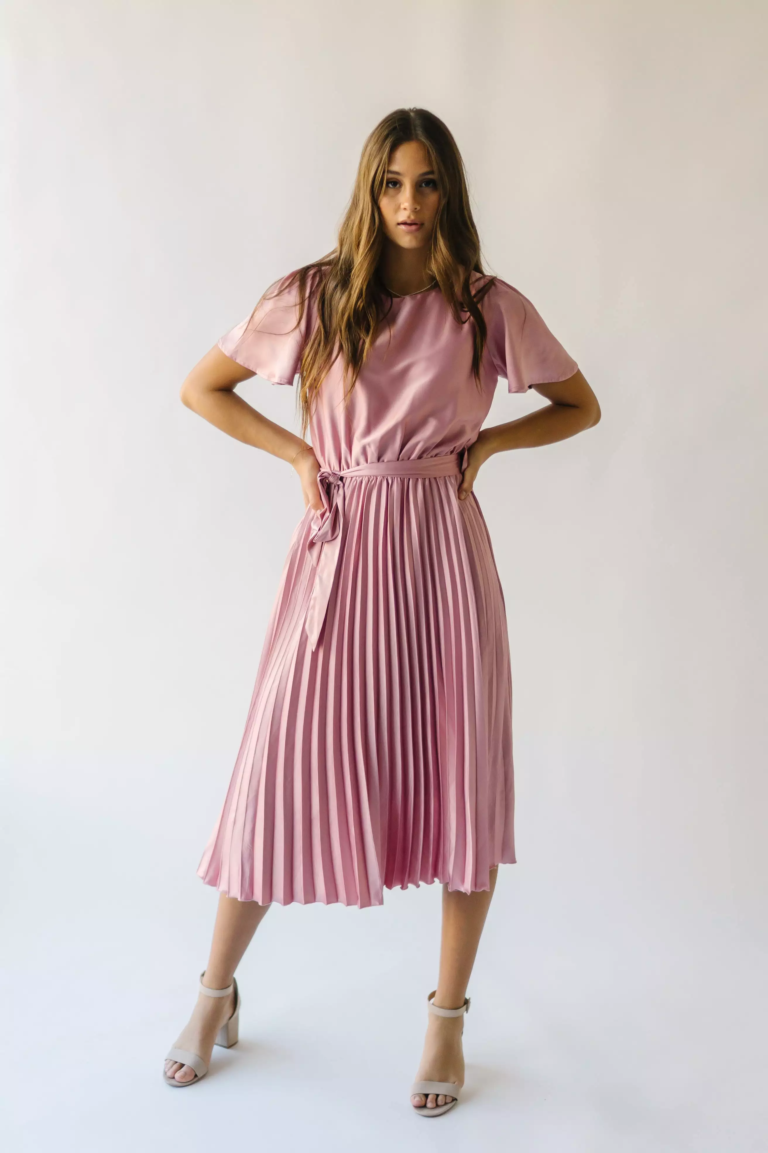 The Schertz Satin Pleated Midi Dress in Dusty Mauve