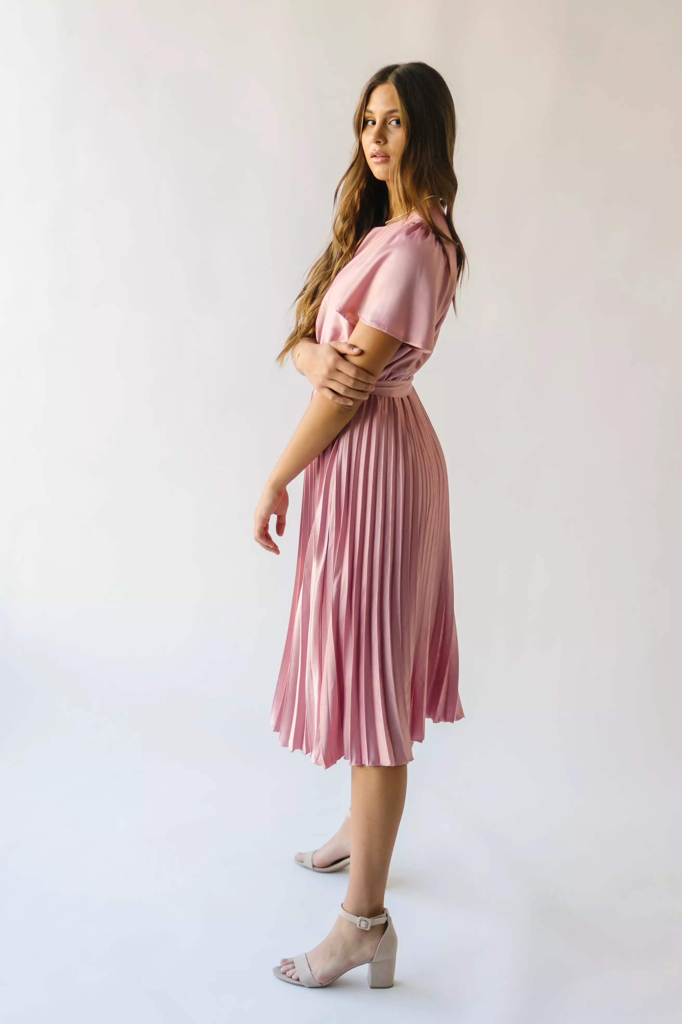 The Schertz Satin Pleated Midi Dress in Dusty Mauve