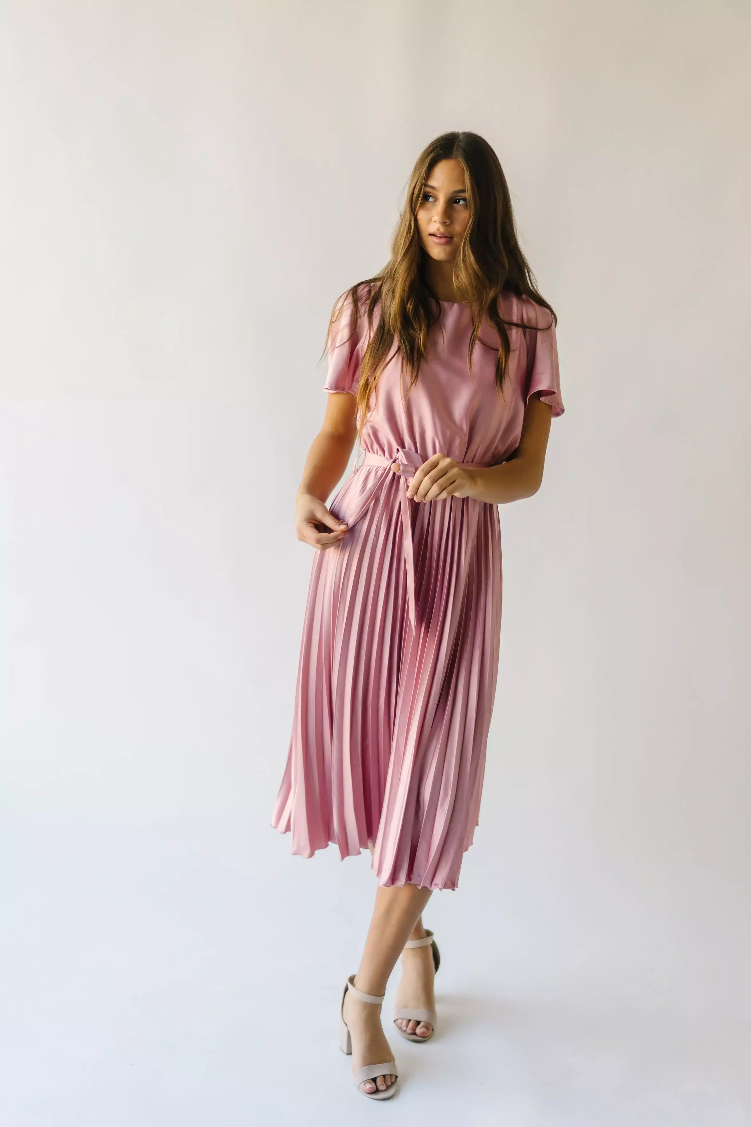 The Schertz Satin Pleated Midi Dress in Dusty Mauve