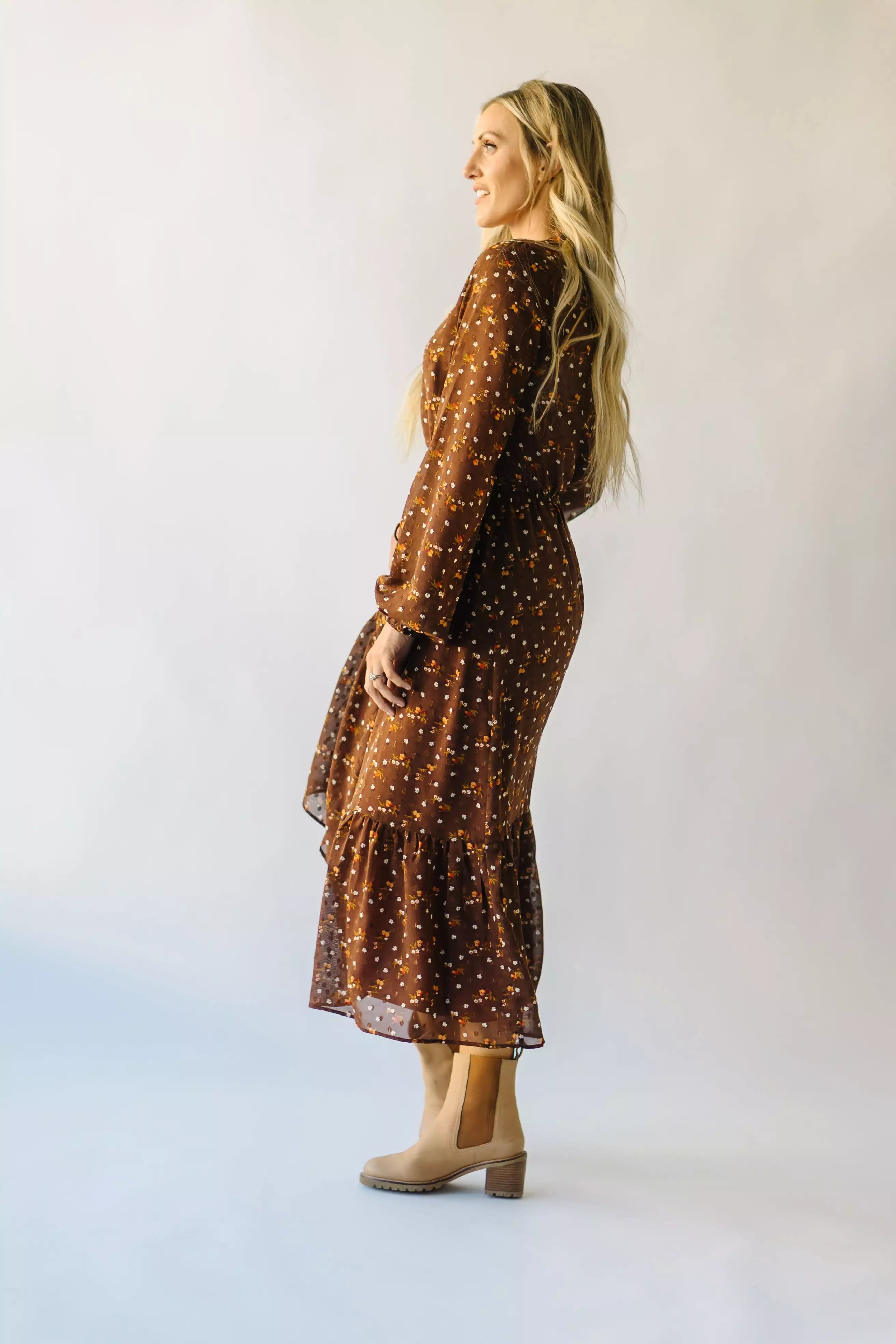 The Selman Floral Midi Dress in Brown