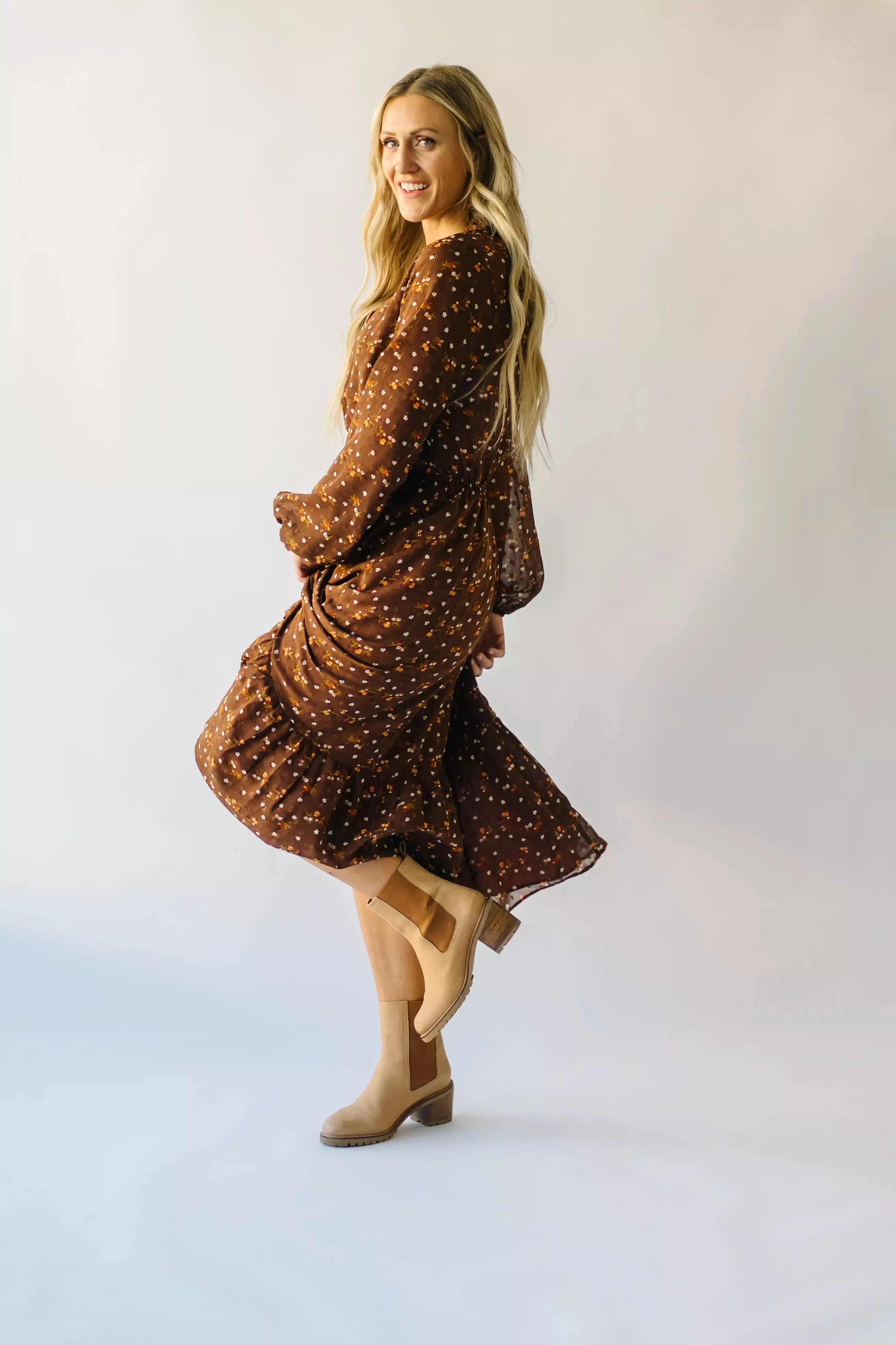 The Selman Floral Midi Dress in Brown