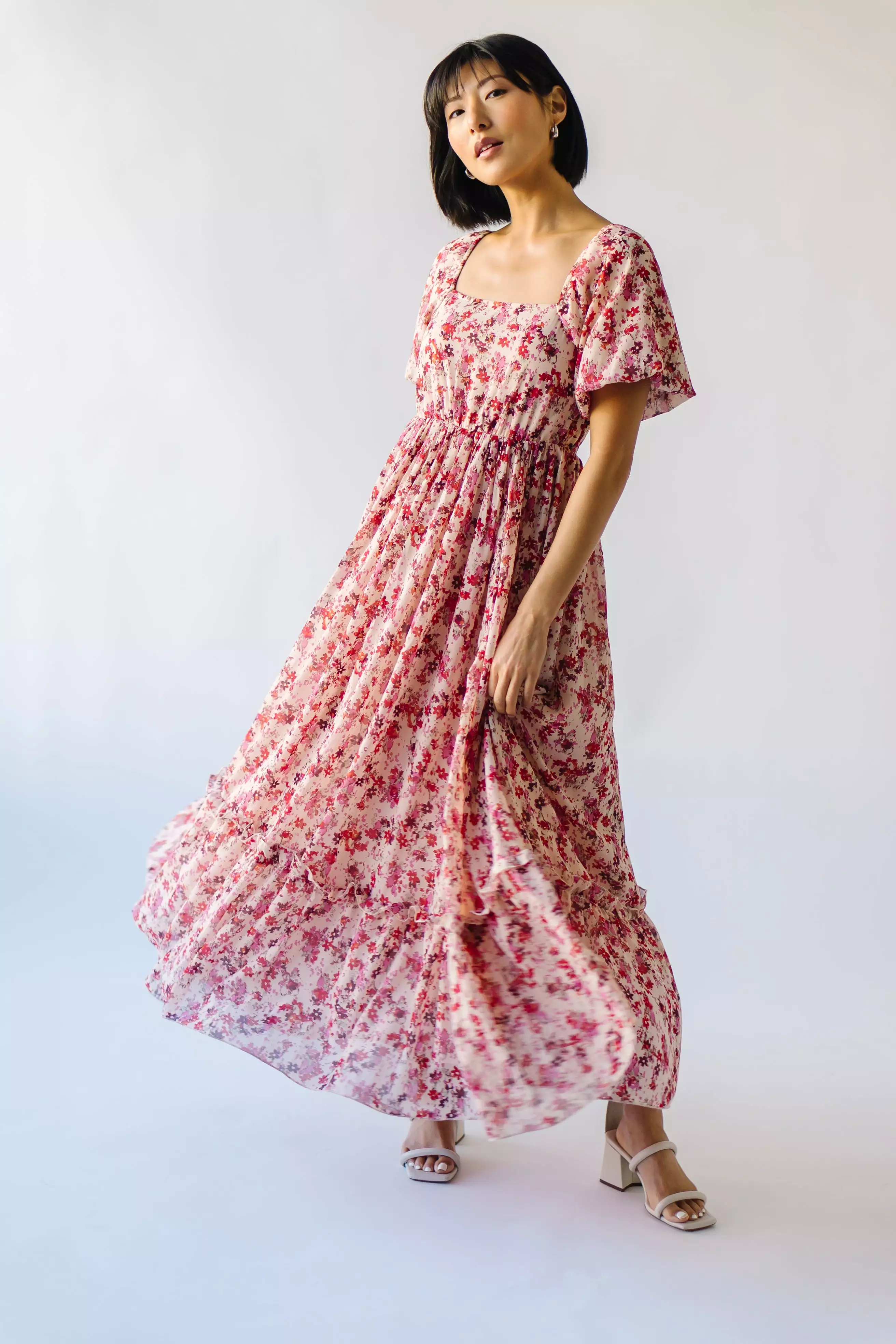 The Seneca Ditsy Floral Print Midi Dress in Pink Multi