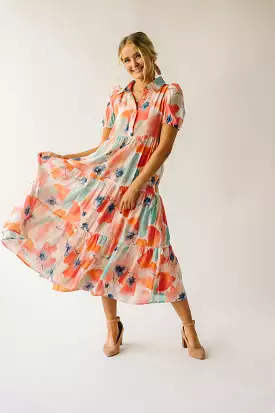 The Slaton Watercolor Tiered Midi Dress in Pink + Green Multi