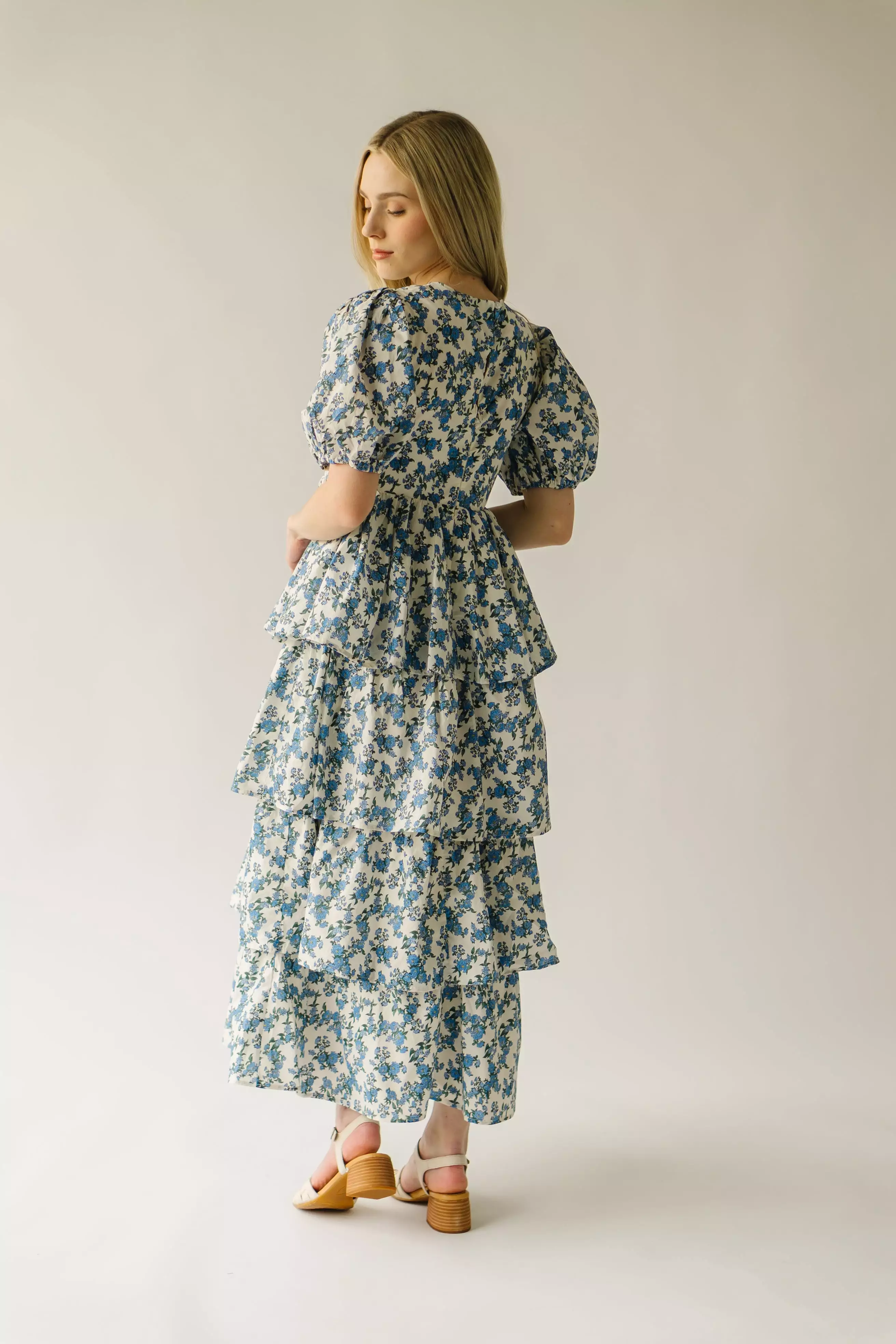 The Soulter Tiered Floral Midi Dress in Blue