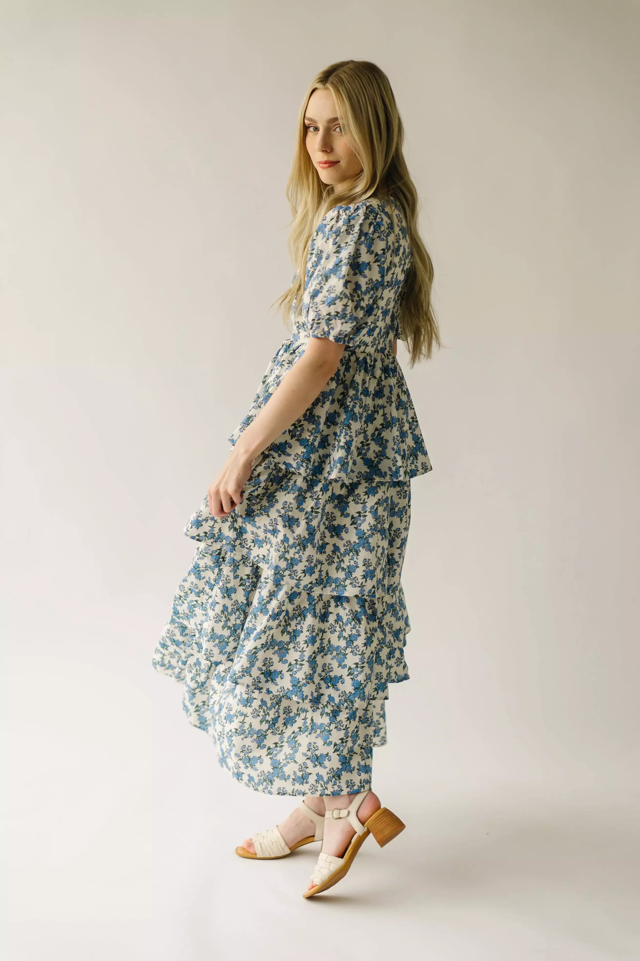 The Soulter Tiered Floral Midi Dress in Blue