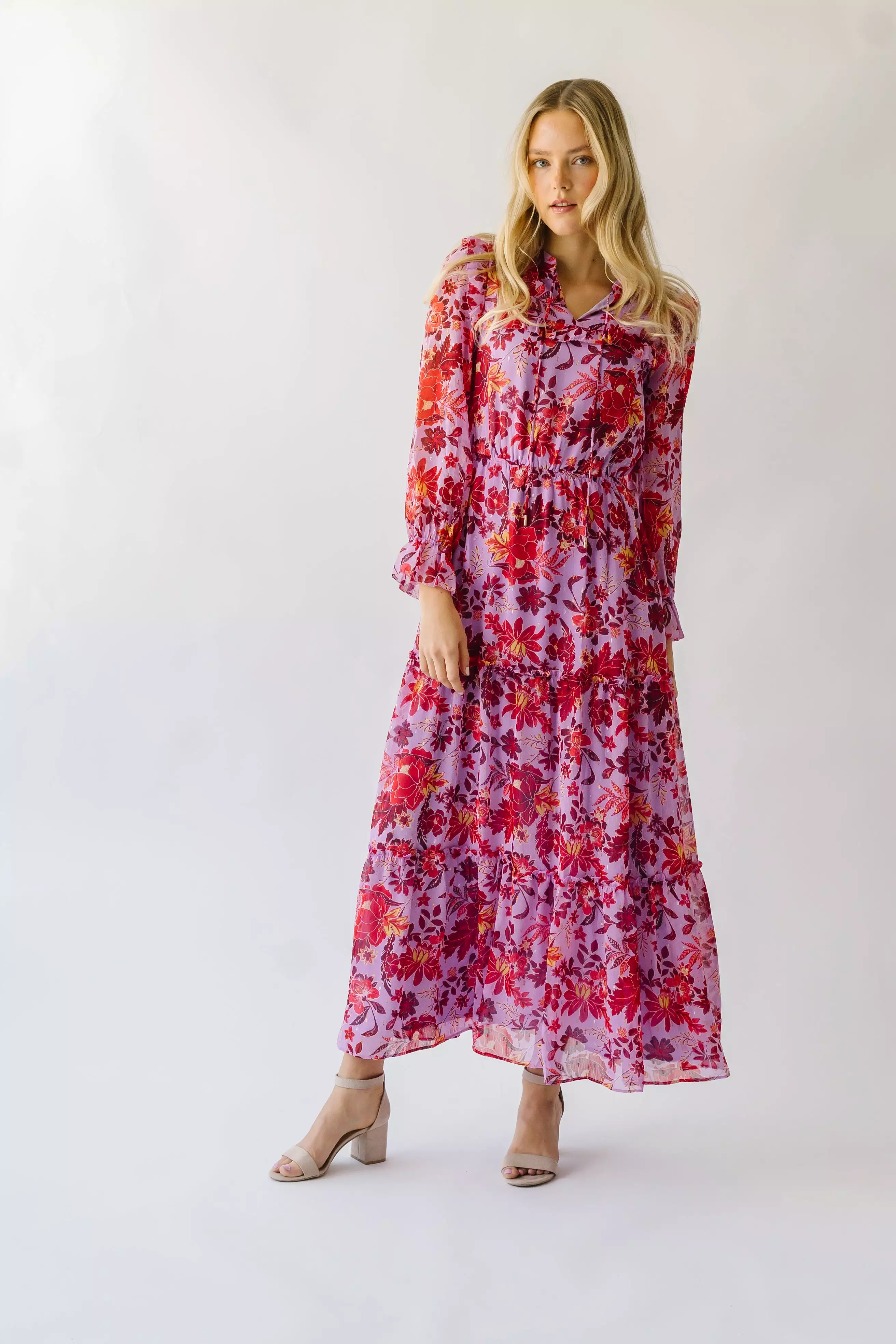 The Sunfield Floral Maxi Dress in Lavender + Plum